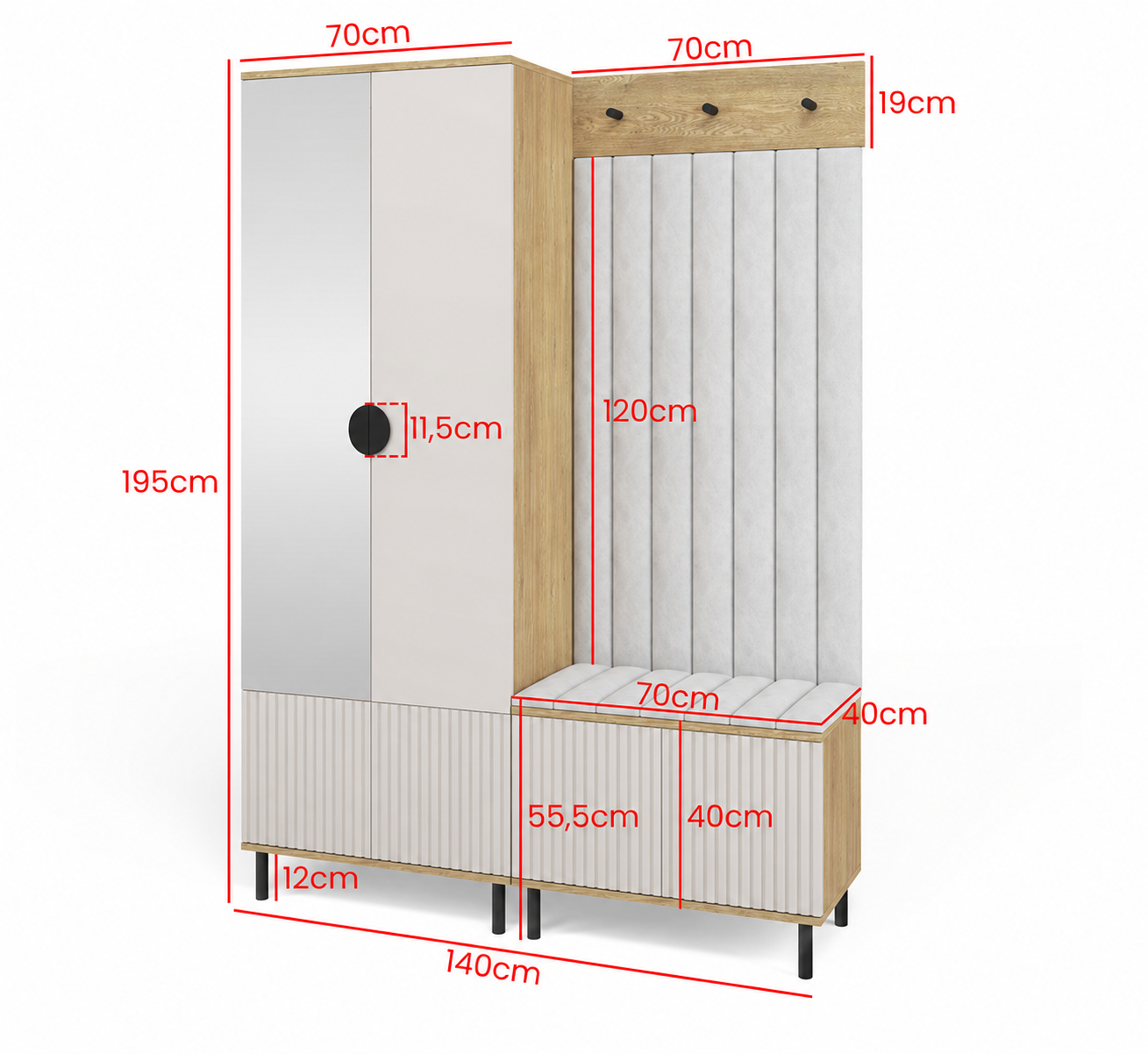 Bello Hallway Wardrobe Set 1 – Choose Leg Height, Mirror & Panel Colour | Cashmere & Cremona Oak