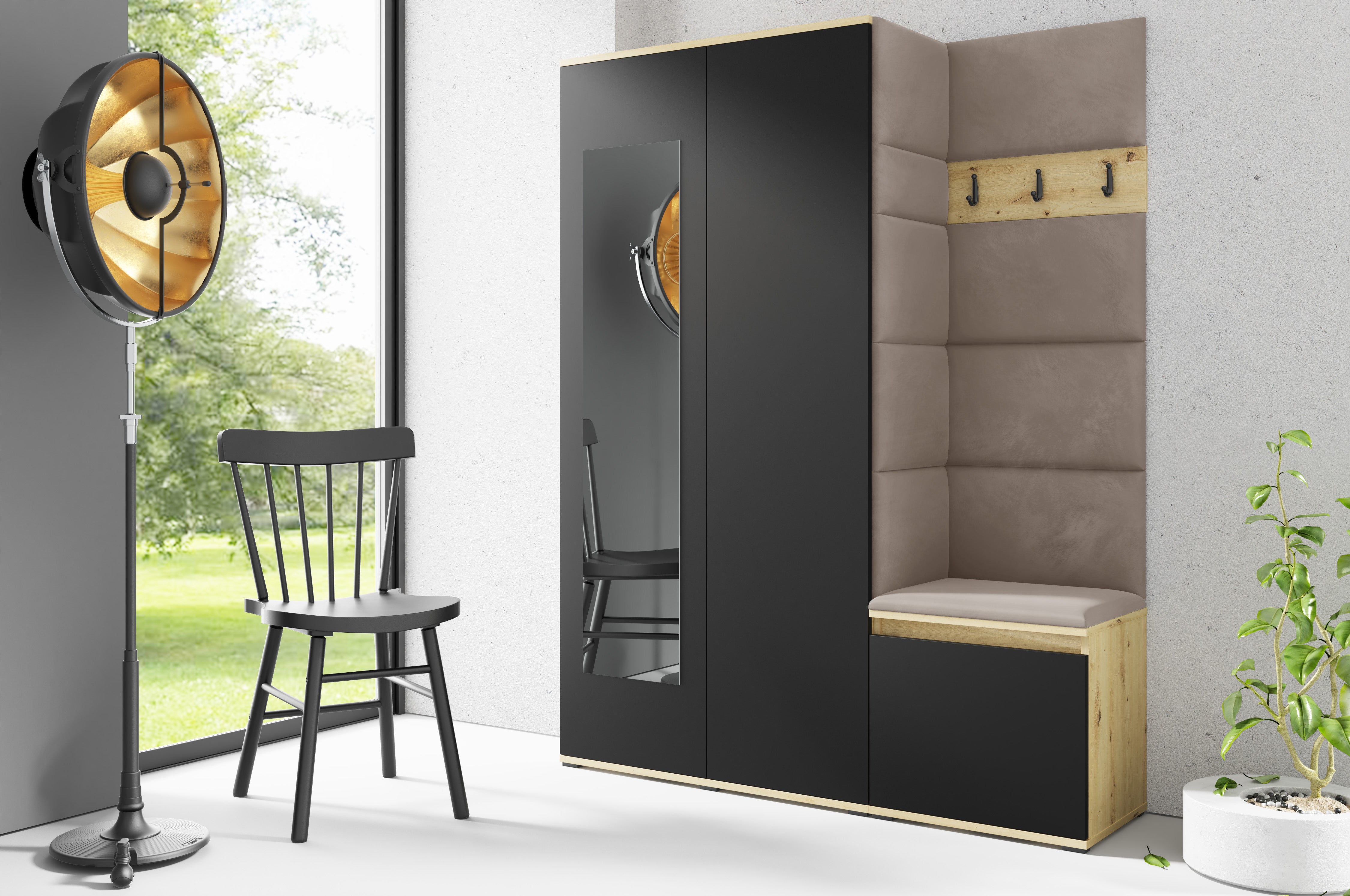 PK Emi 11 Hallway Wardrobe Artisan Oak / Black - Upholstered Panels in Various Colours