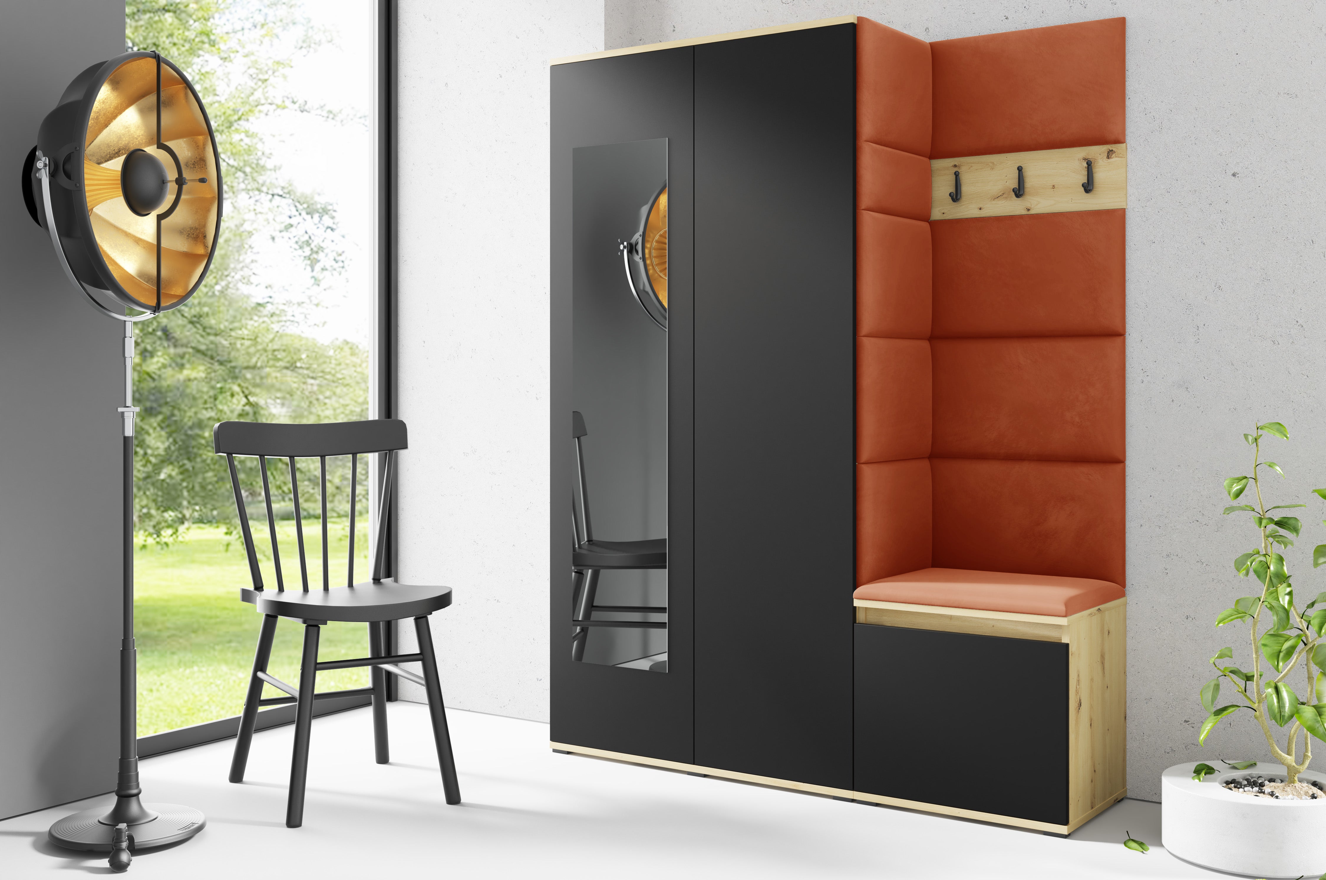 PK Emi 11 Hallway Wardrobe Artisan Oak / Black - Upholstered Panels in Various Colours