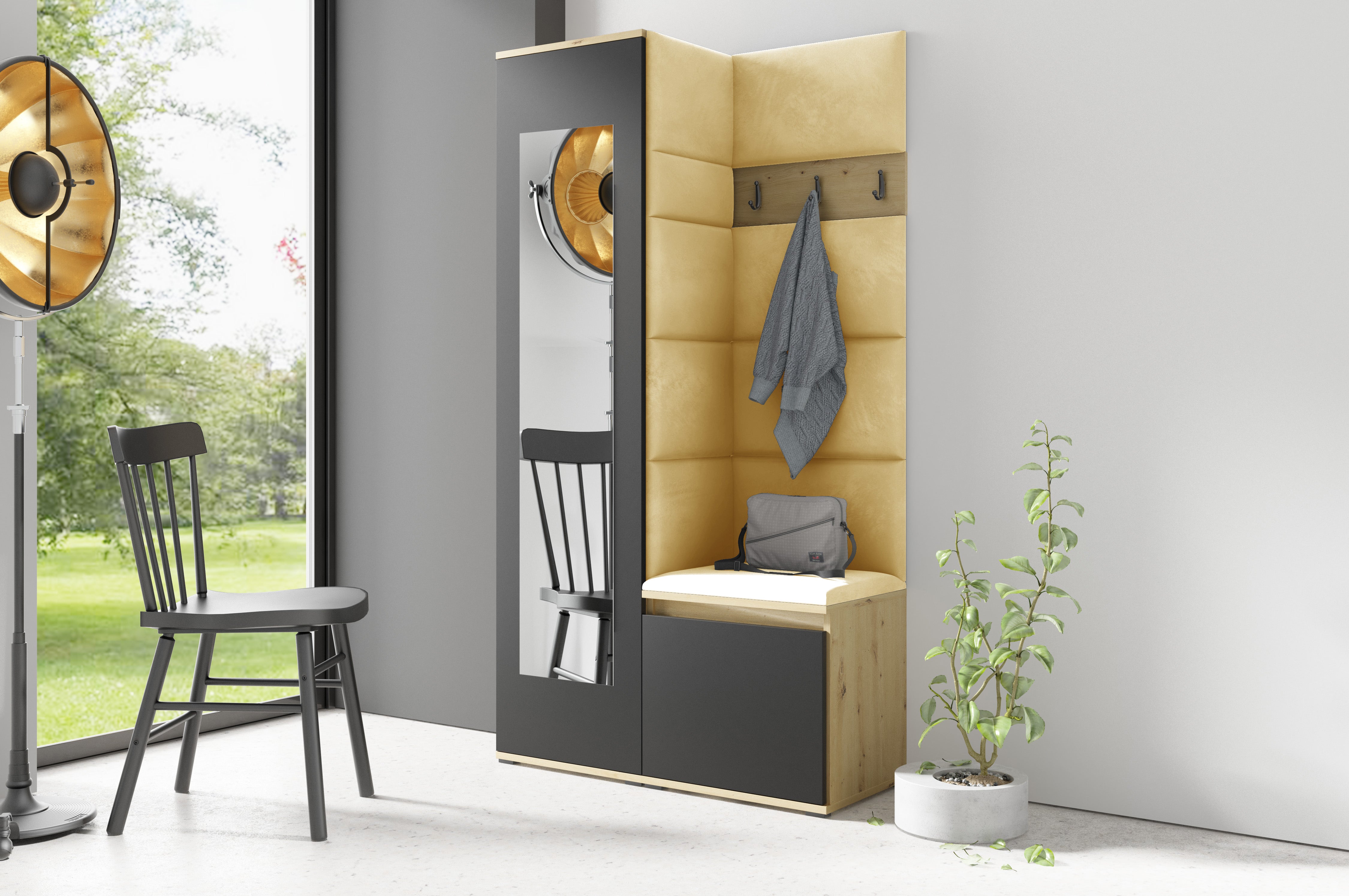 PK Emi 13 Hallway Wardrobe Artisan Oak / Black - Upholstered Panels in Various Colours
