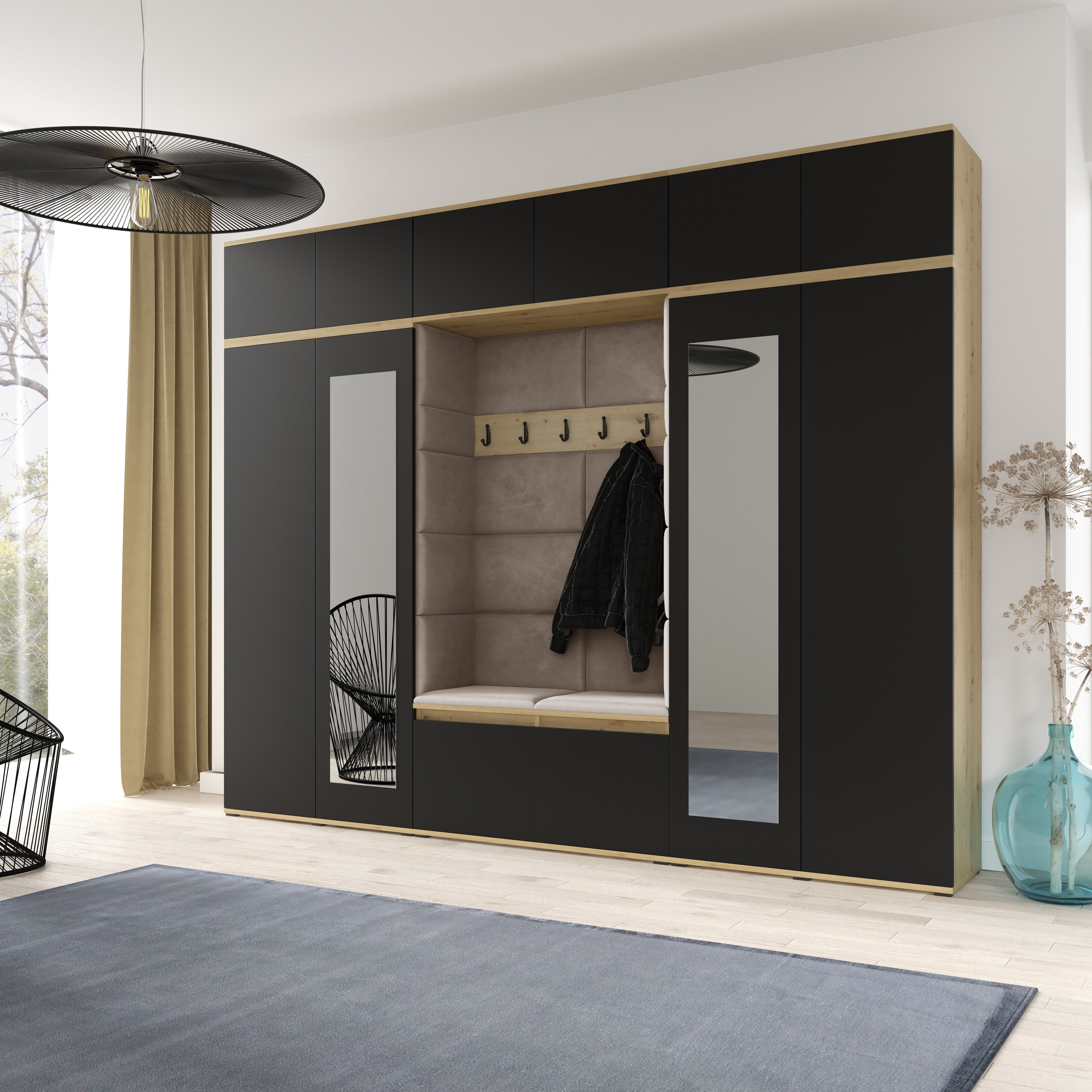 PK Emi 17 Hallway  Artisan Oak / Black- Upholstered Panels in Various Colours