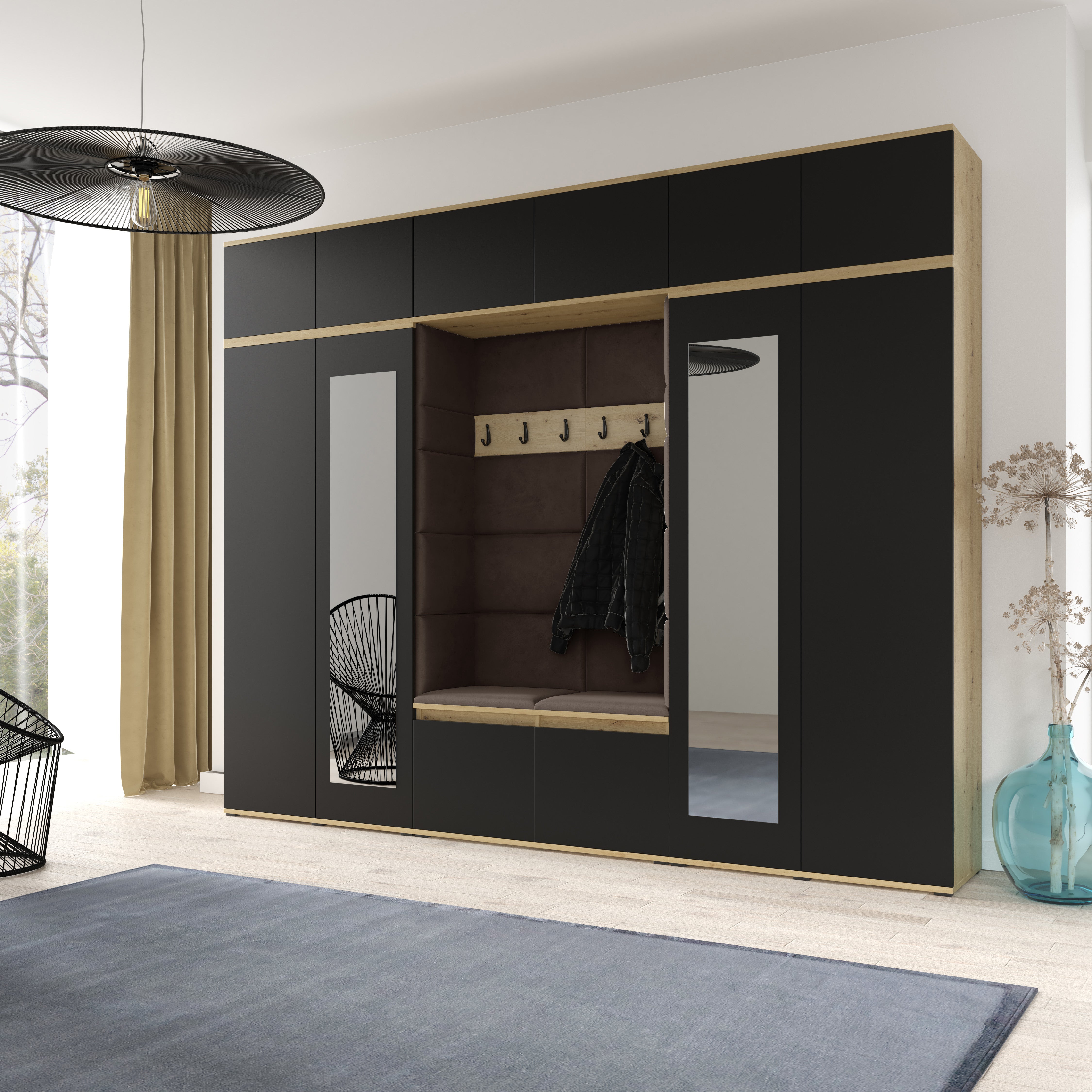 PK Emi 17 Hallway  Artisan Oak / Black- Upholstered Panels in Various Colours