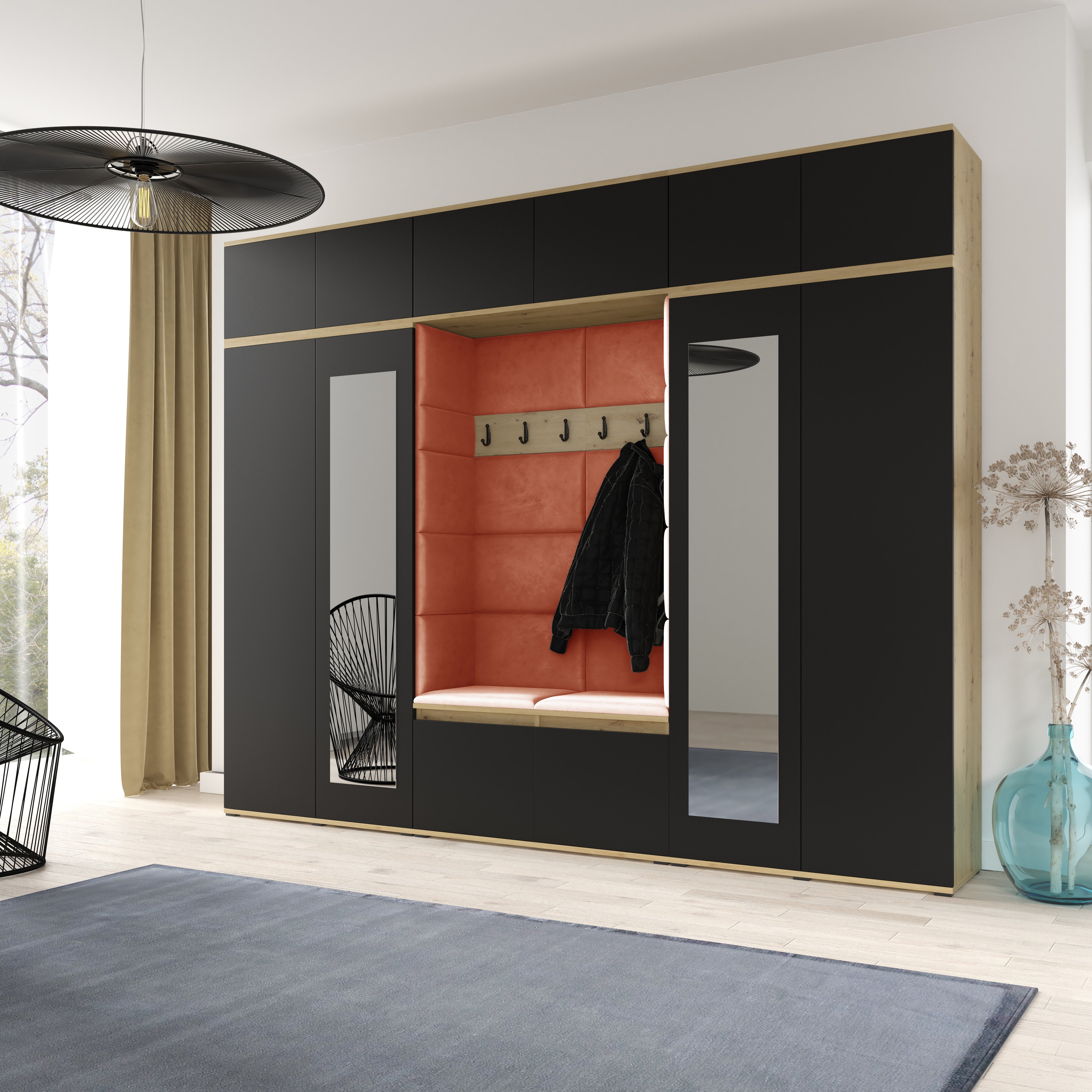 PK Emi 17 Hallway  Artisan Oak / Black- Upholstered Panels in Various Colours