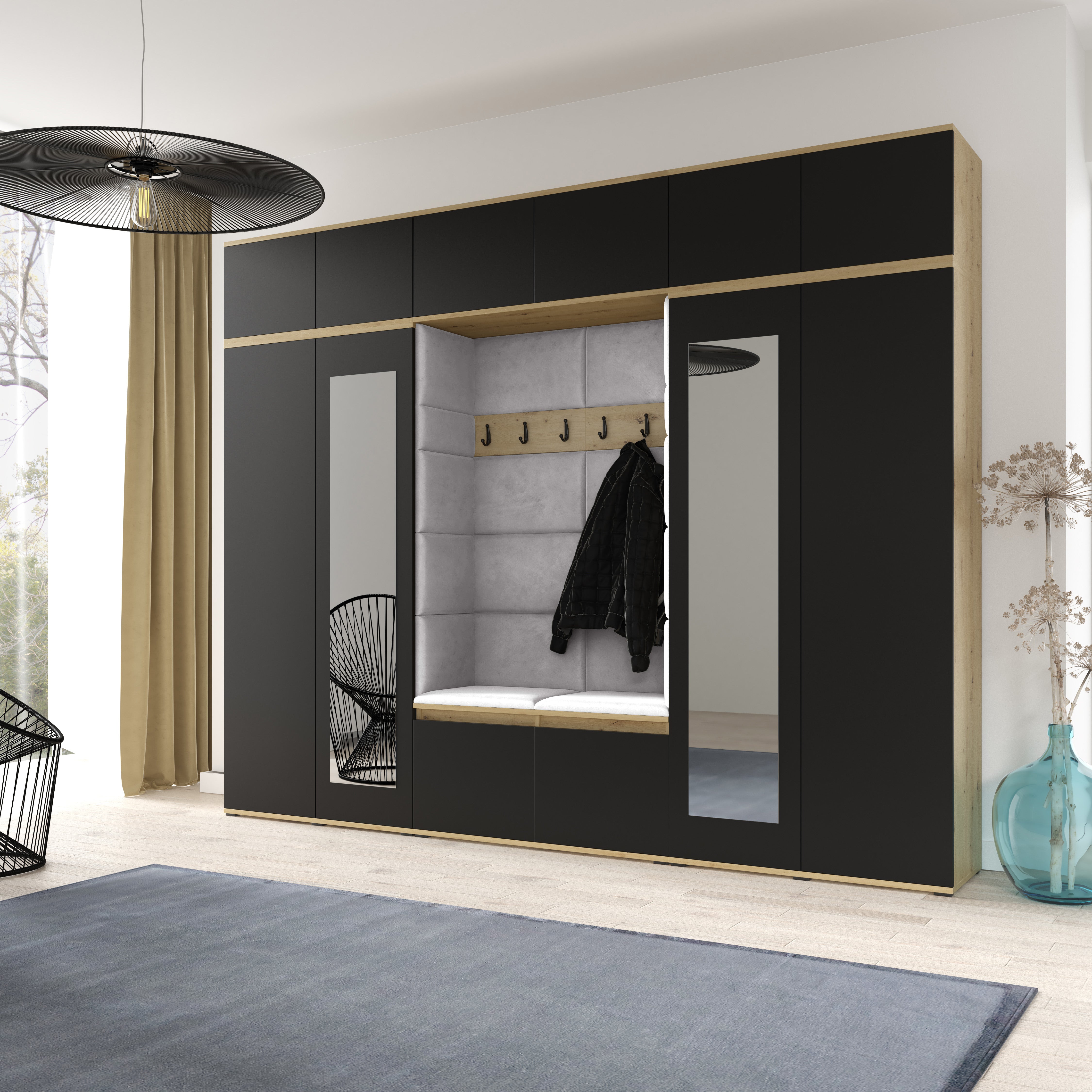 PK Emi 17 Hallway  Artisan Oak / Black- Upholstered Panels in Various Colours