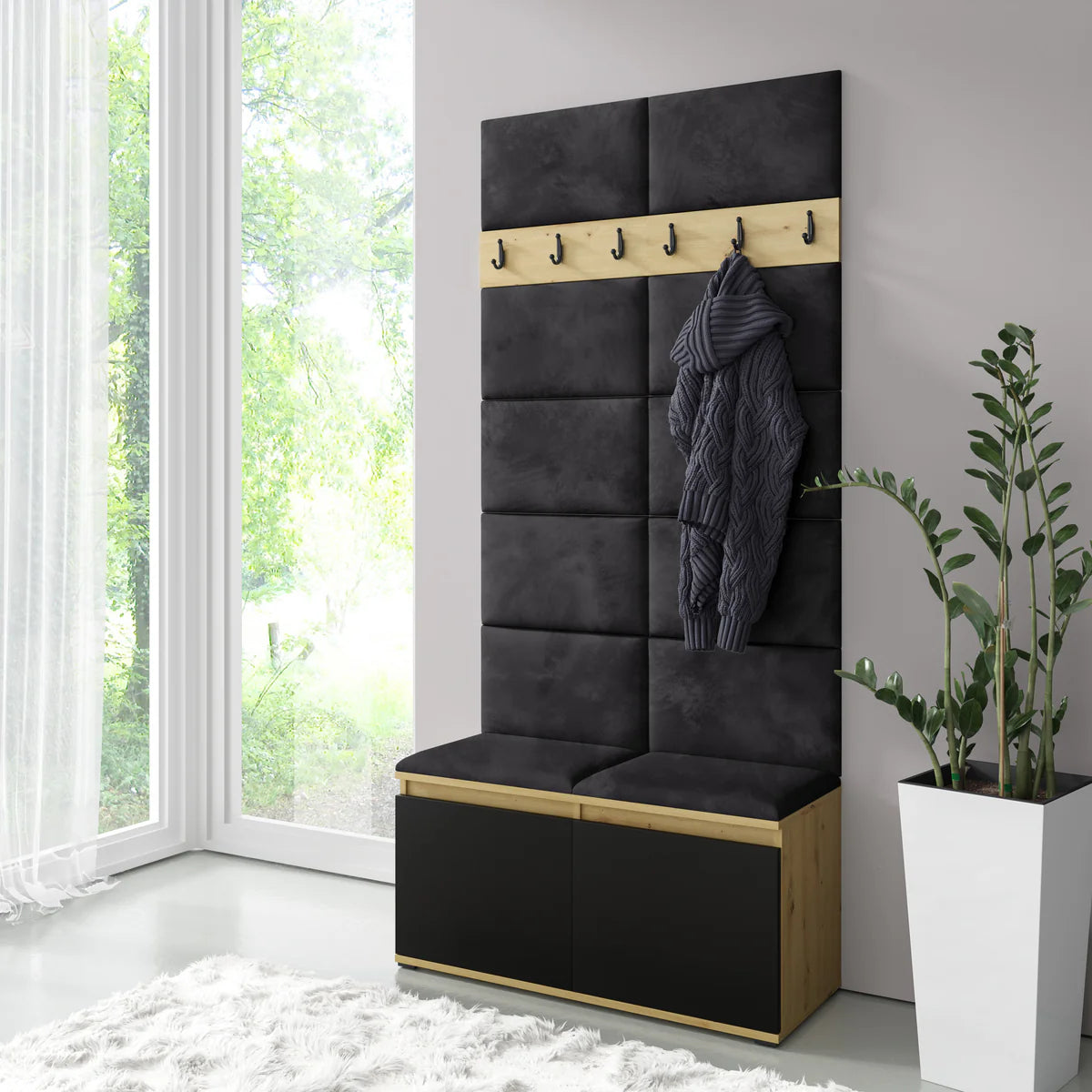 PK Emi 1 Hallway Wardrobe Artisan Oak / Black -Upholstered Panels in Various Colours
