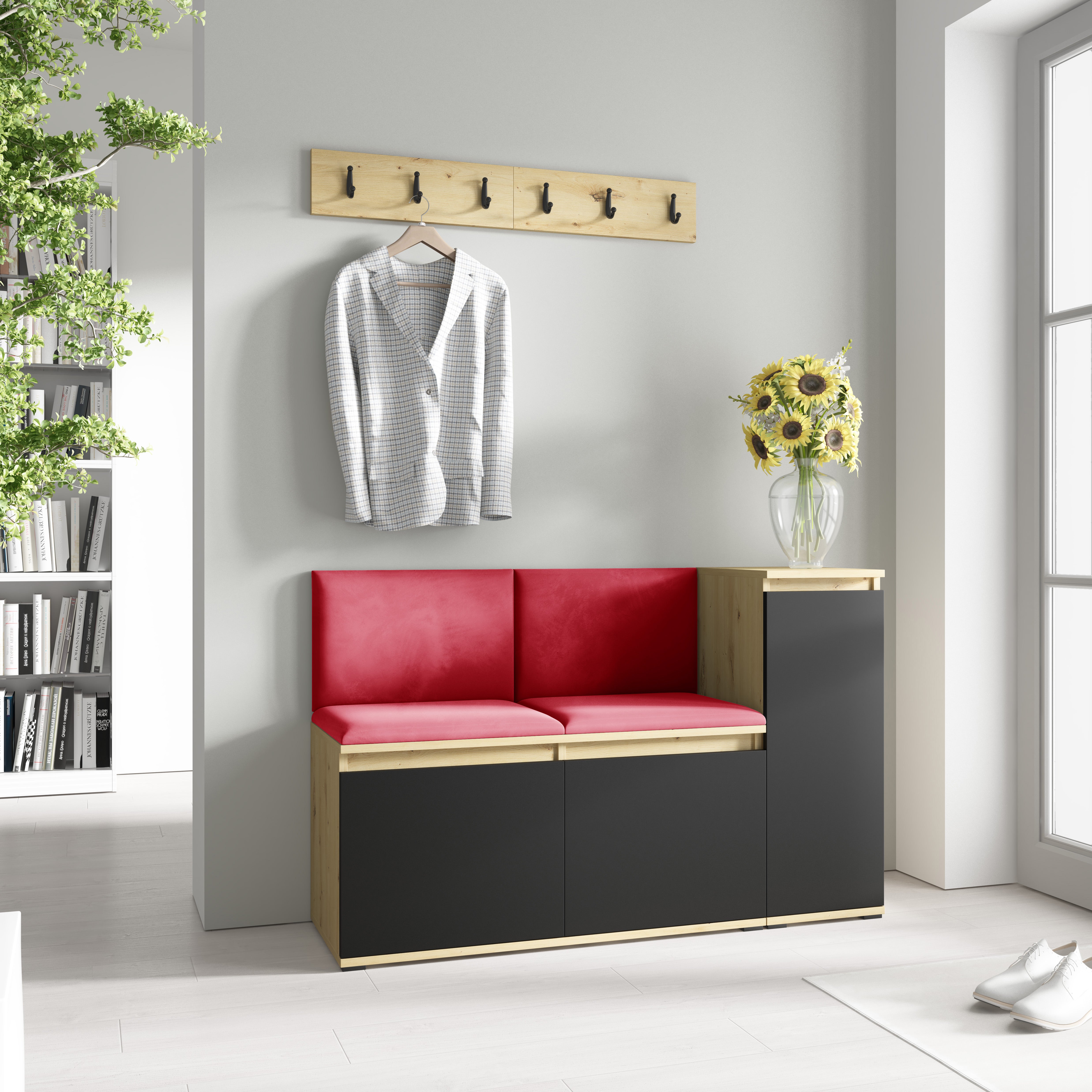 PK Emi 25 Hallway Wardrobe  Aristan Oak/Black - Upholstered Panels in Various Colours