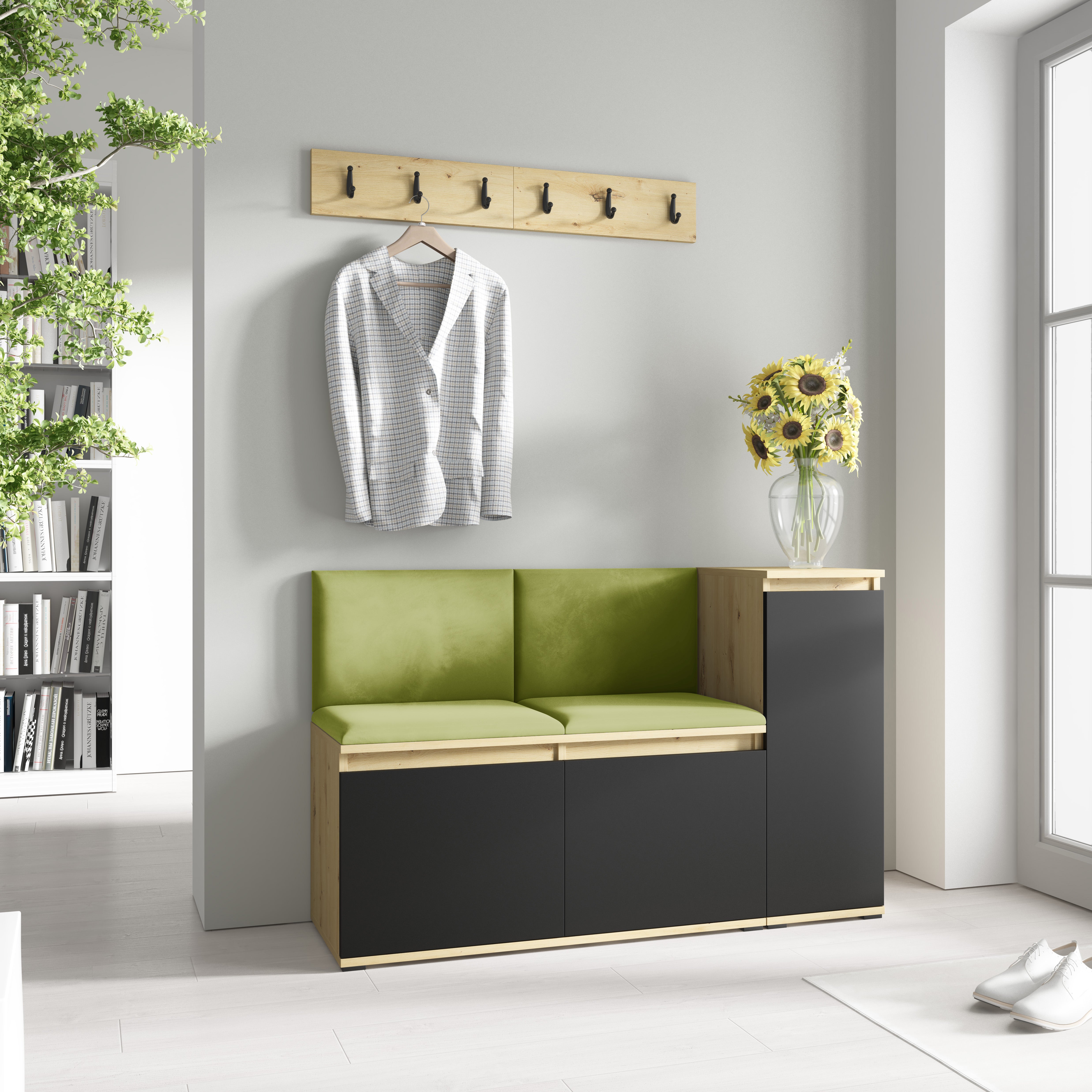 PK Emi 25 Hallway Wardrobe  Aristan Oak/Black - Upholstered Panels in Various Colours