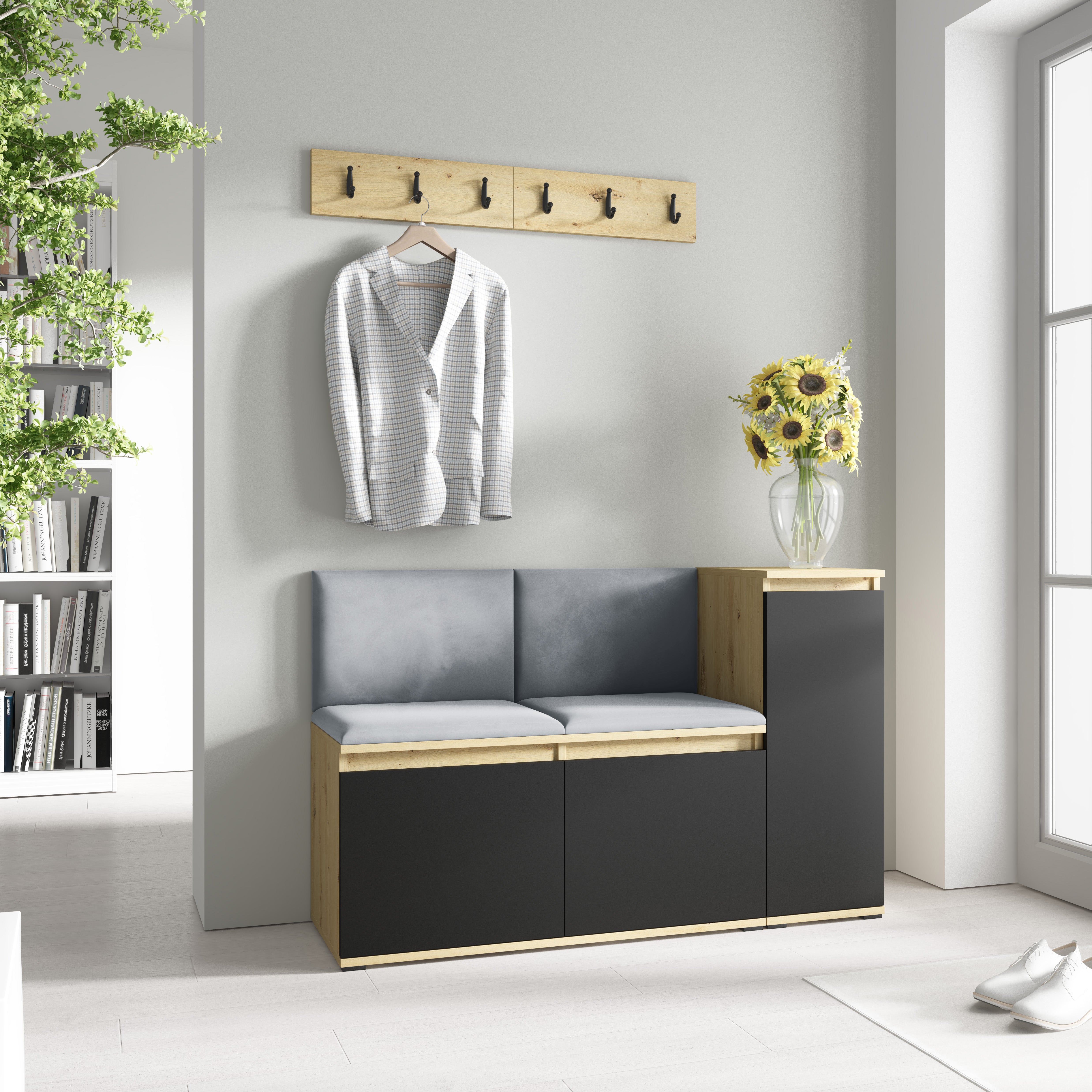 PK Emi 25 Hallway Wardrobe  Aristan Oak/Black - Upholstered Panels in Various Colours