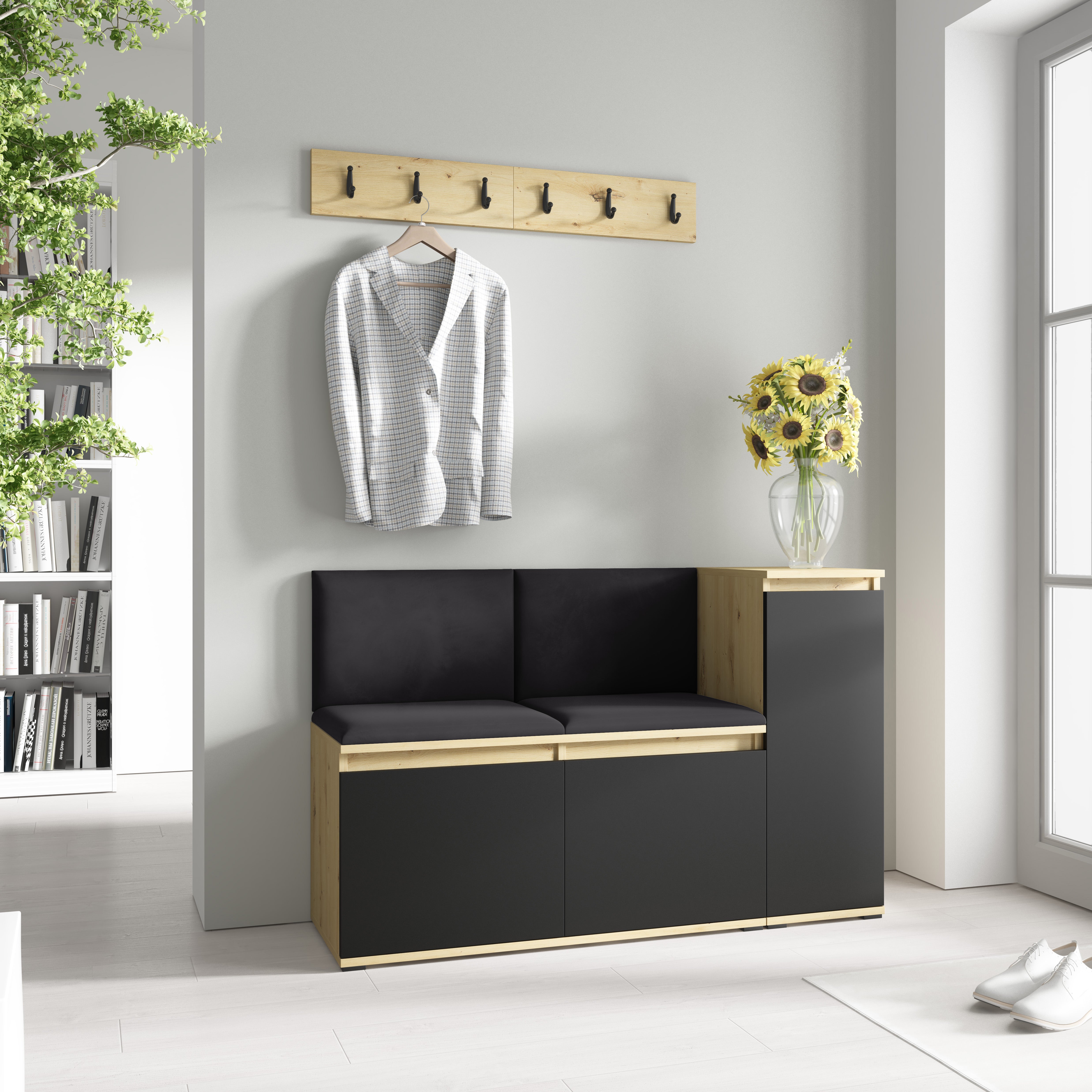 PK Emi 25 Hallway Wardrobe  Aristan Oak/Black - Upholstered Panels in Various Colours