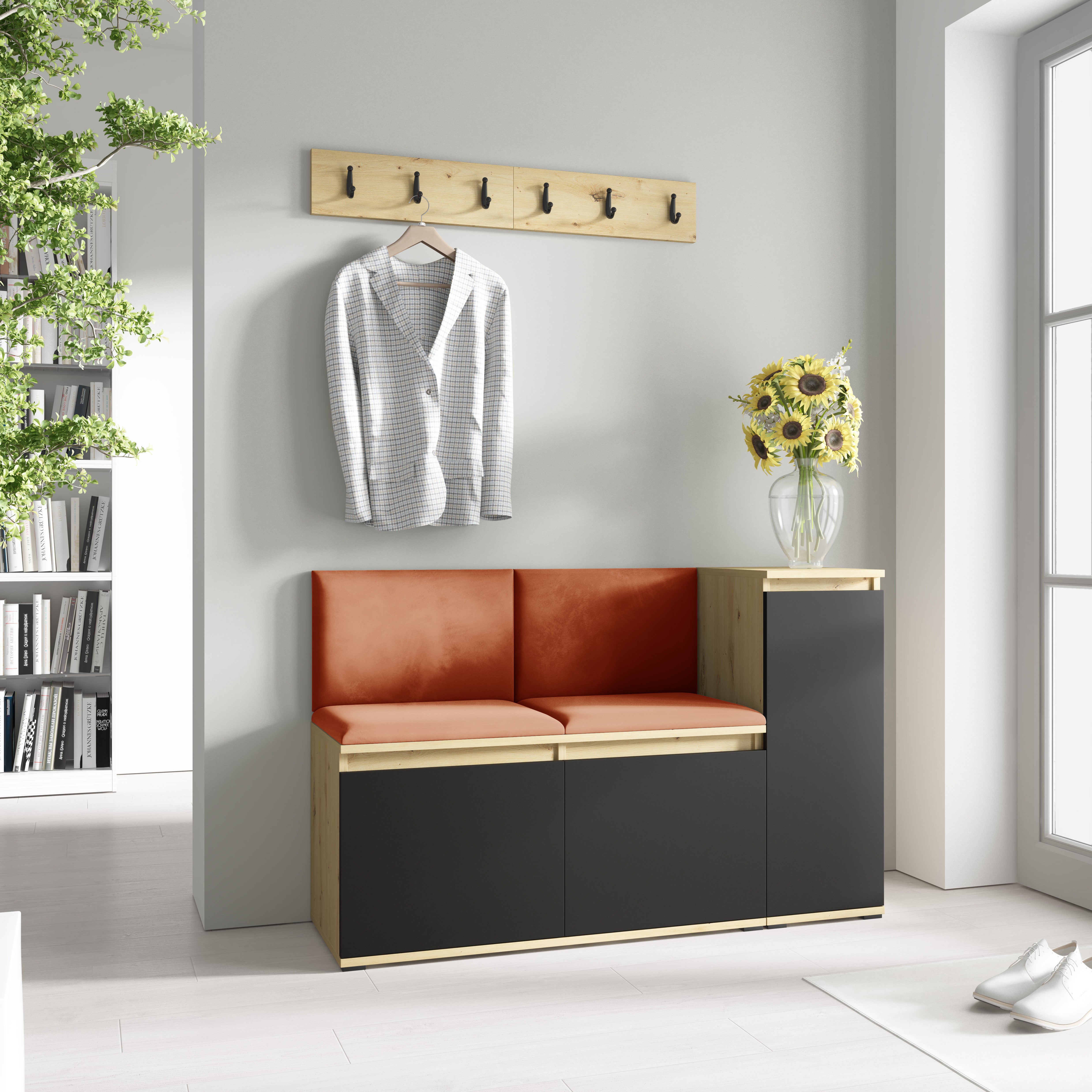 PK Emi 25 Hallway Wardrobe  Aristan Oak/Black - Upholstered Panels in Various Colours