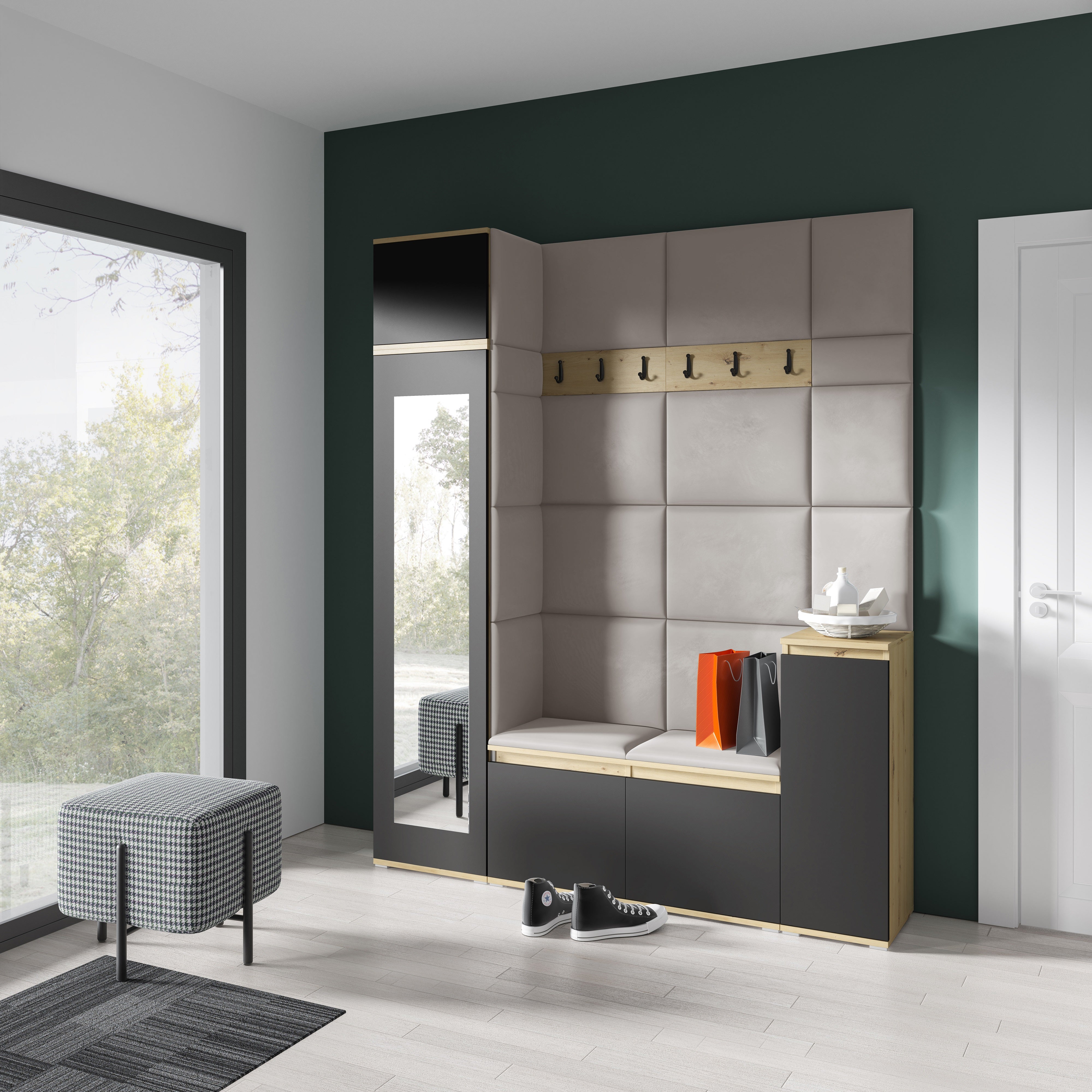 PK Emi 29 Hallway Wardrobe Aristan Oak/Black - Upholstered Panels in Various Colours