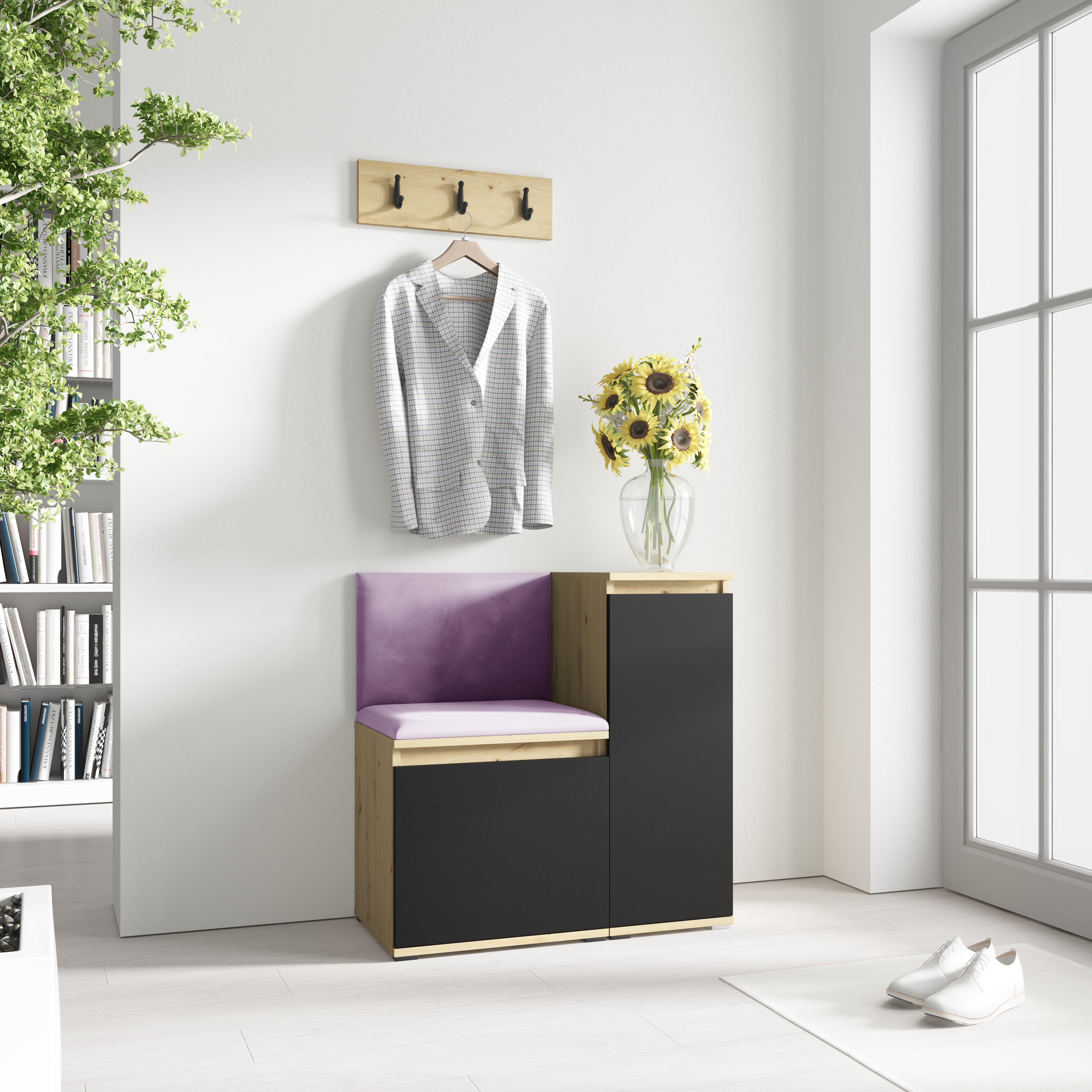 PK Emi 30 Hallway Wardrobe Aristan Oak/Black - Upholstered Panels in Various Colours