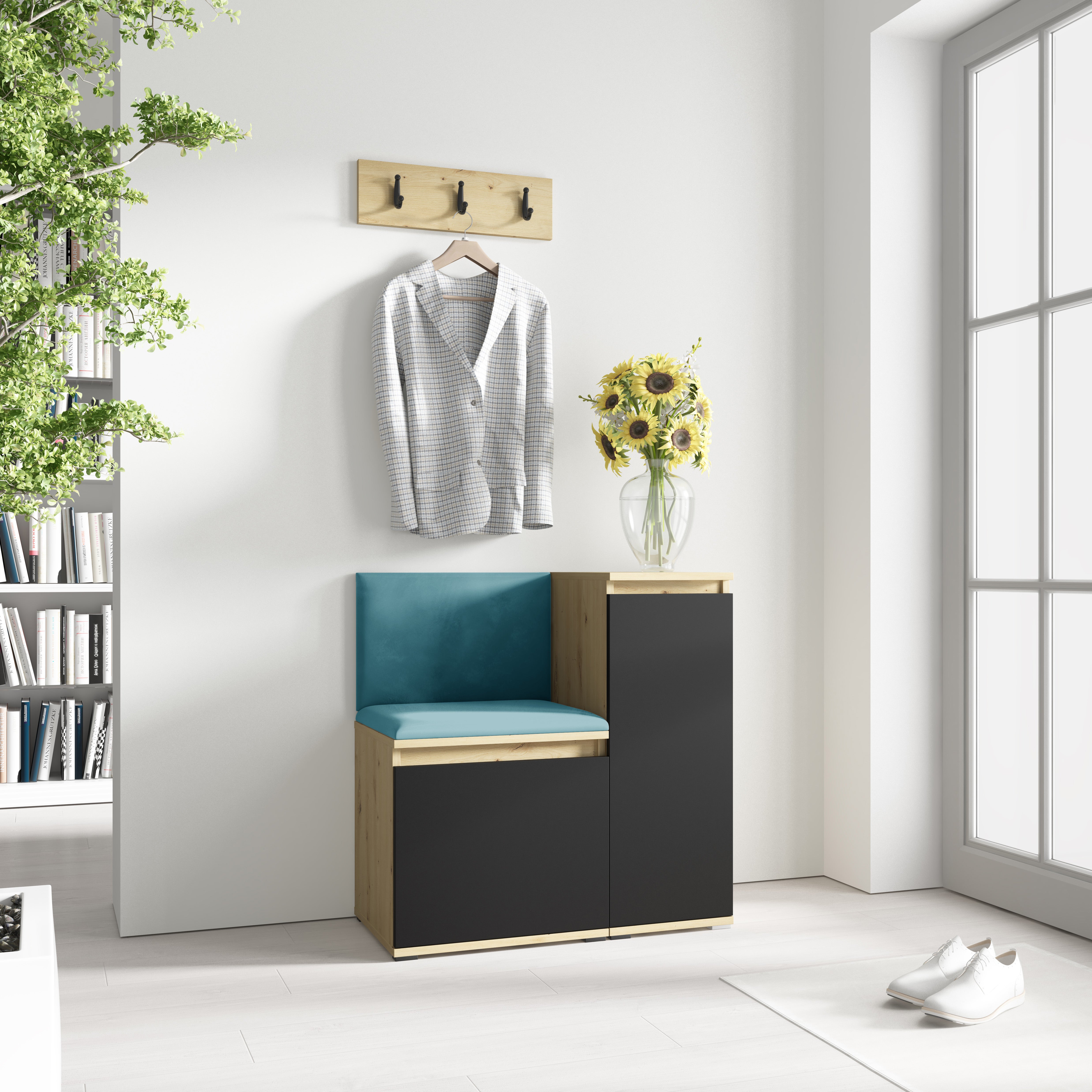 PK Emi 30 Hallway Wardrobe Aristan Oak/Black - Upholstered Panels in Various Colours