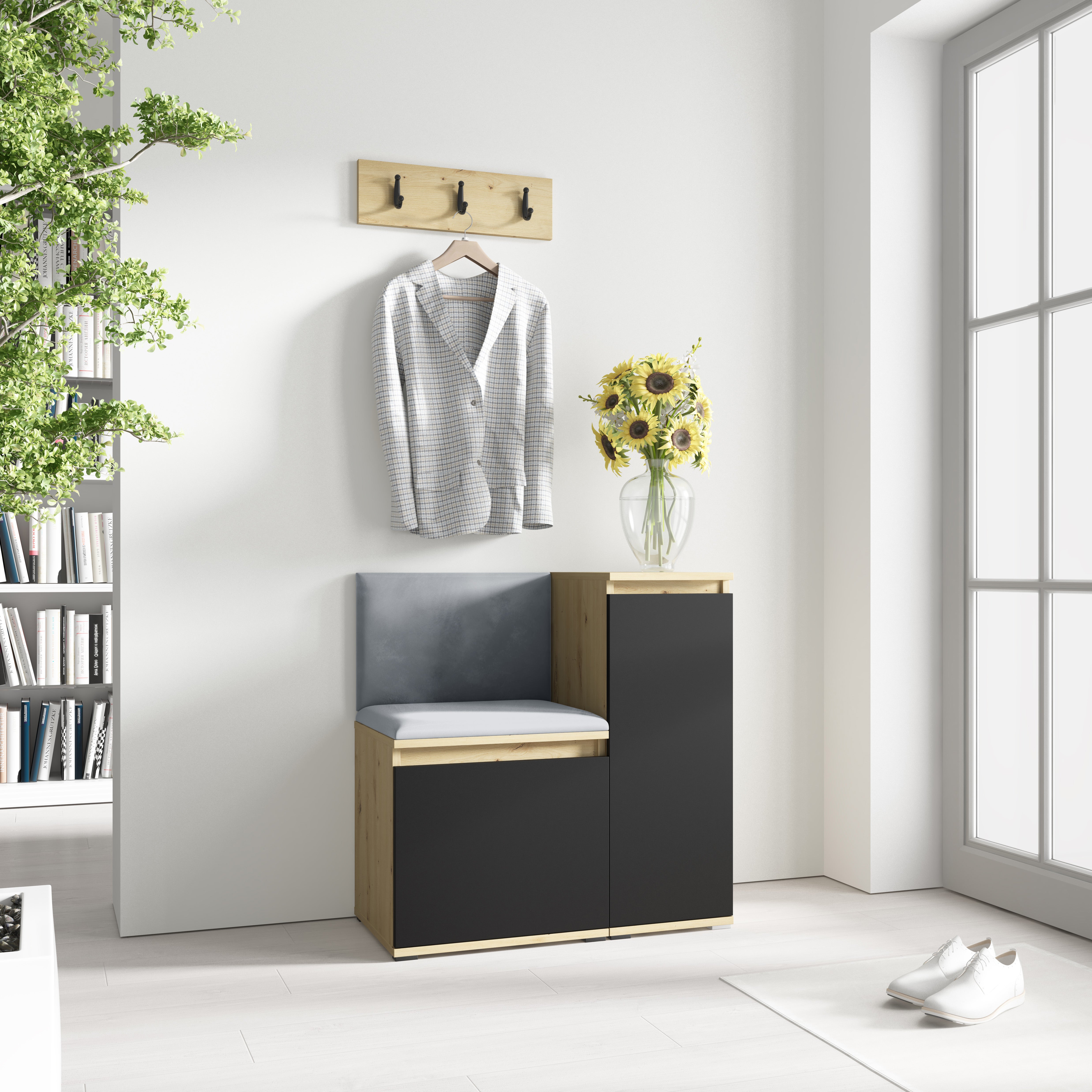 PK Emi 30 Hallway Wardrobe Aristan Oak/Black - Upholstered Panels in Various Colours