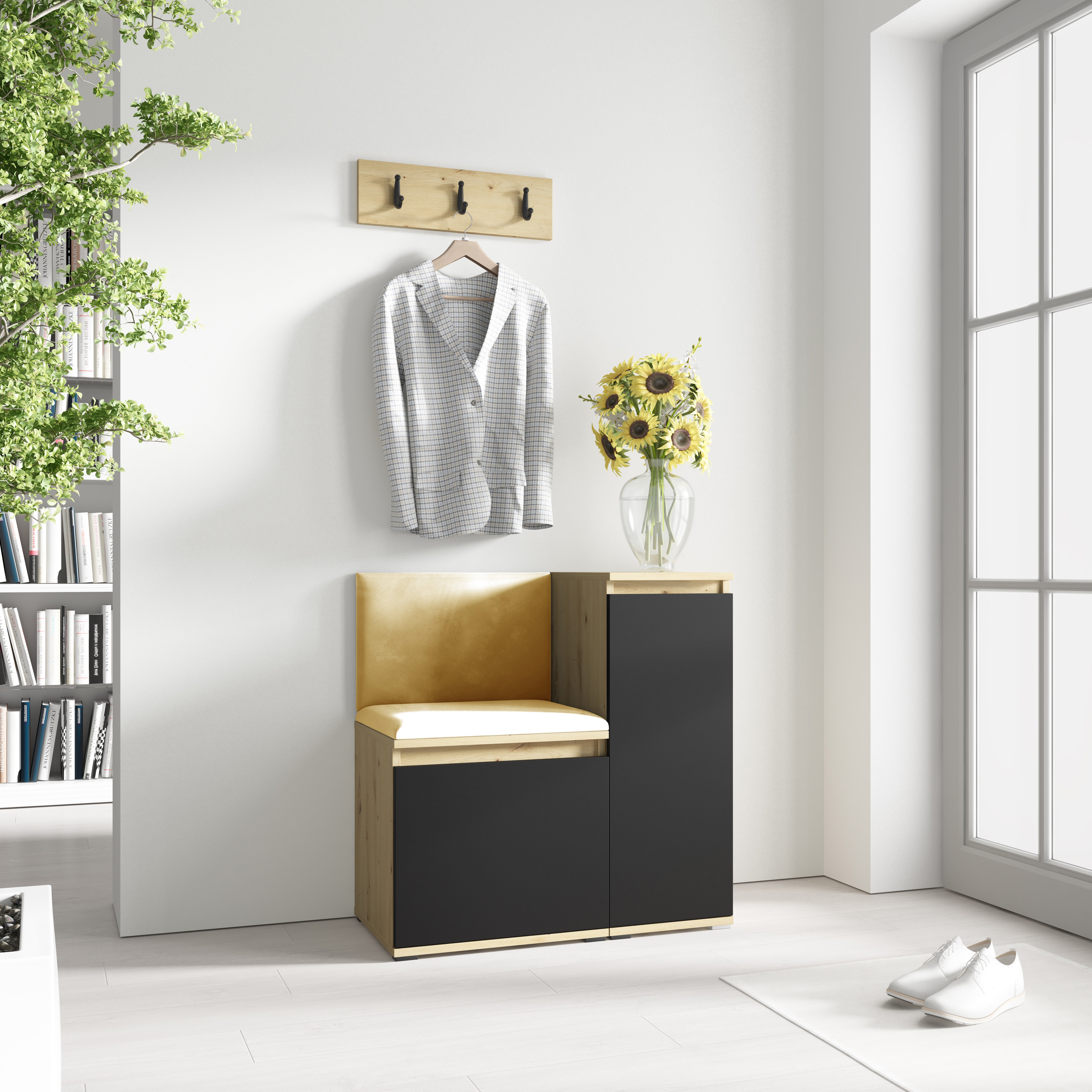 PK Emi 30 Hallway Wardrobe Aristan Oak/Black - Upholstered Panels in Various Colours