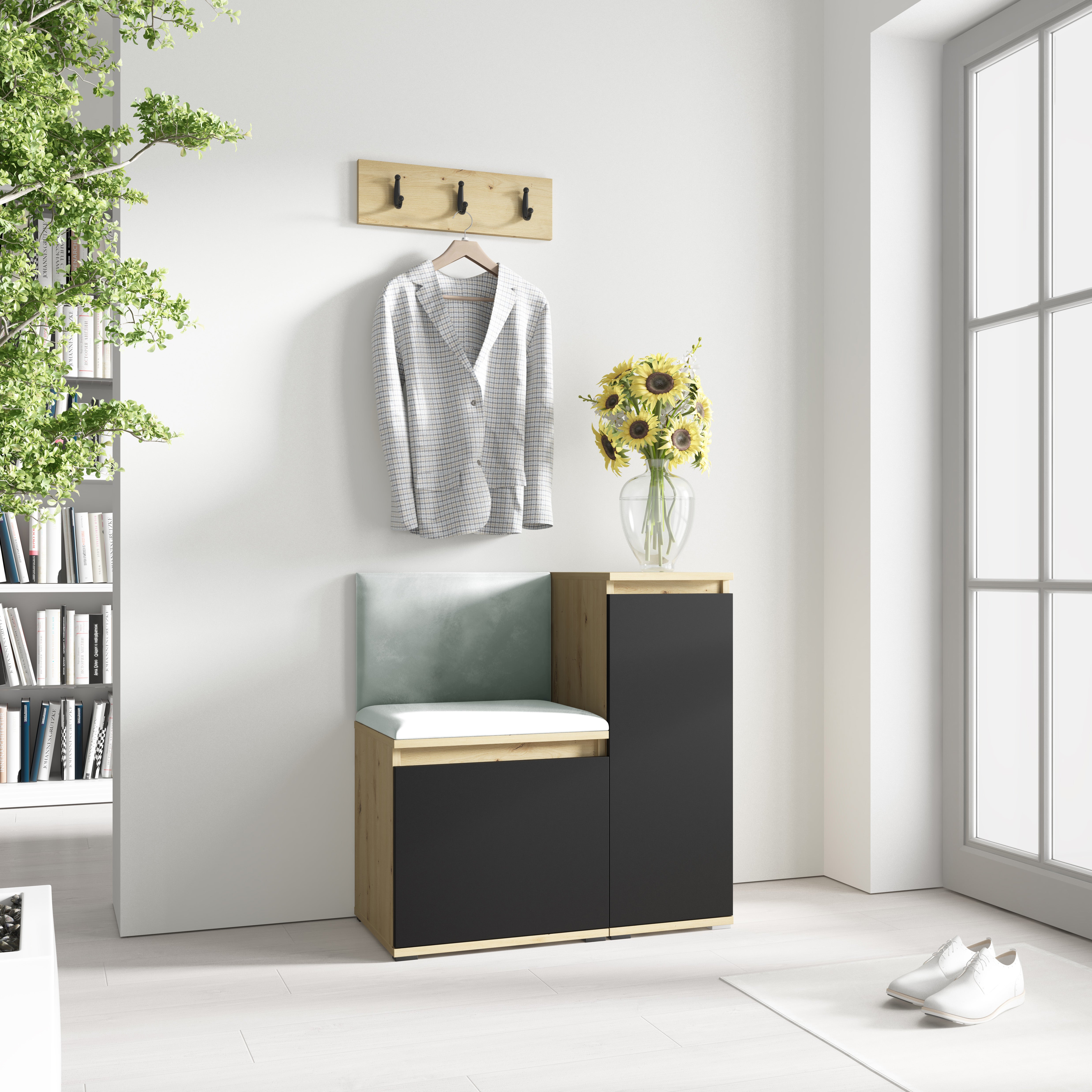 PK Emi 30 Hallway Wardrobe Aristan Oak/Black - Upholstered Panels in Various Colours