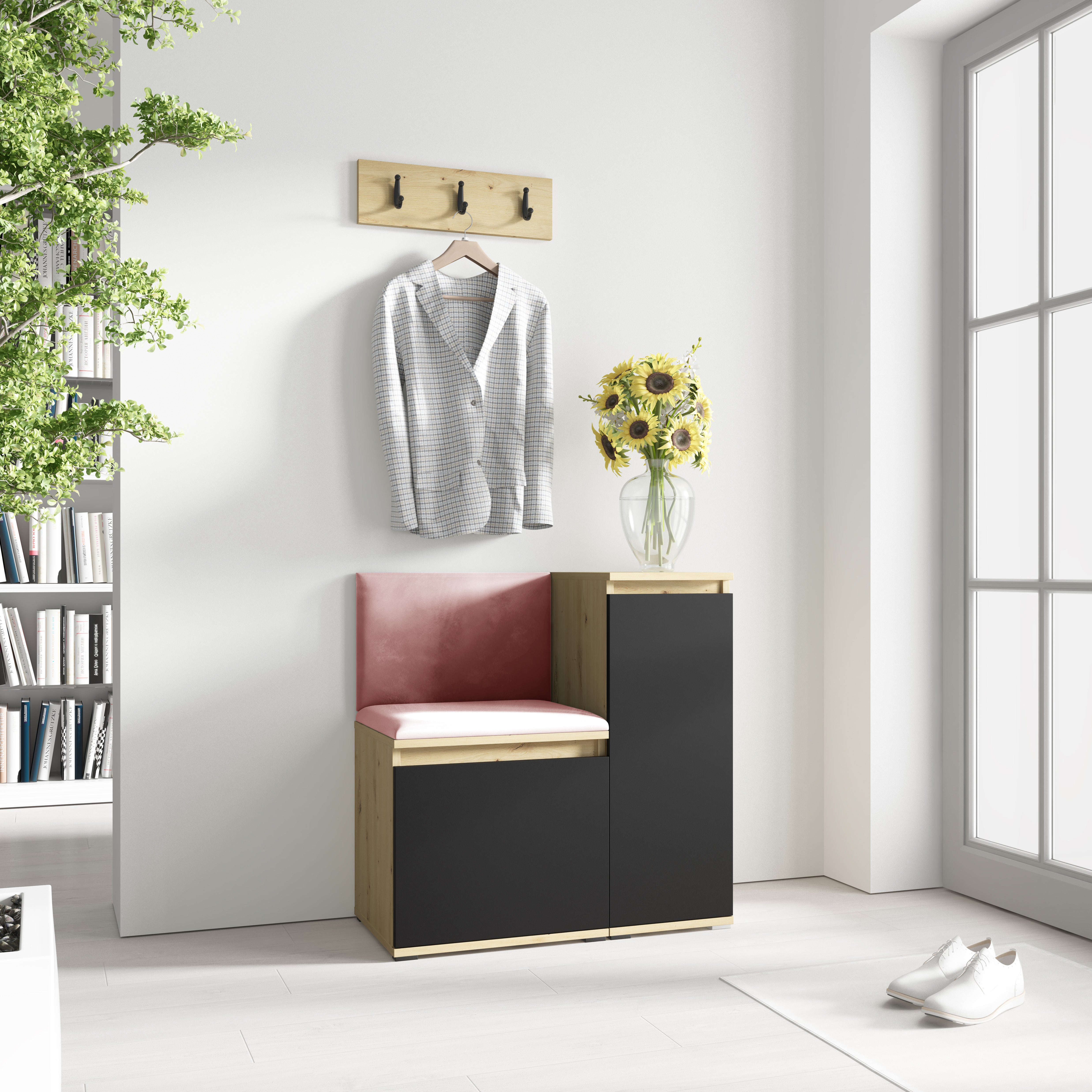 PK Emi 30 Hallway Wardrobe Aristan Oak/Black - Upholstered Panels in Various Colours