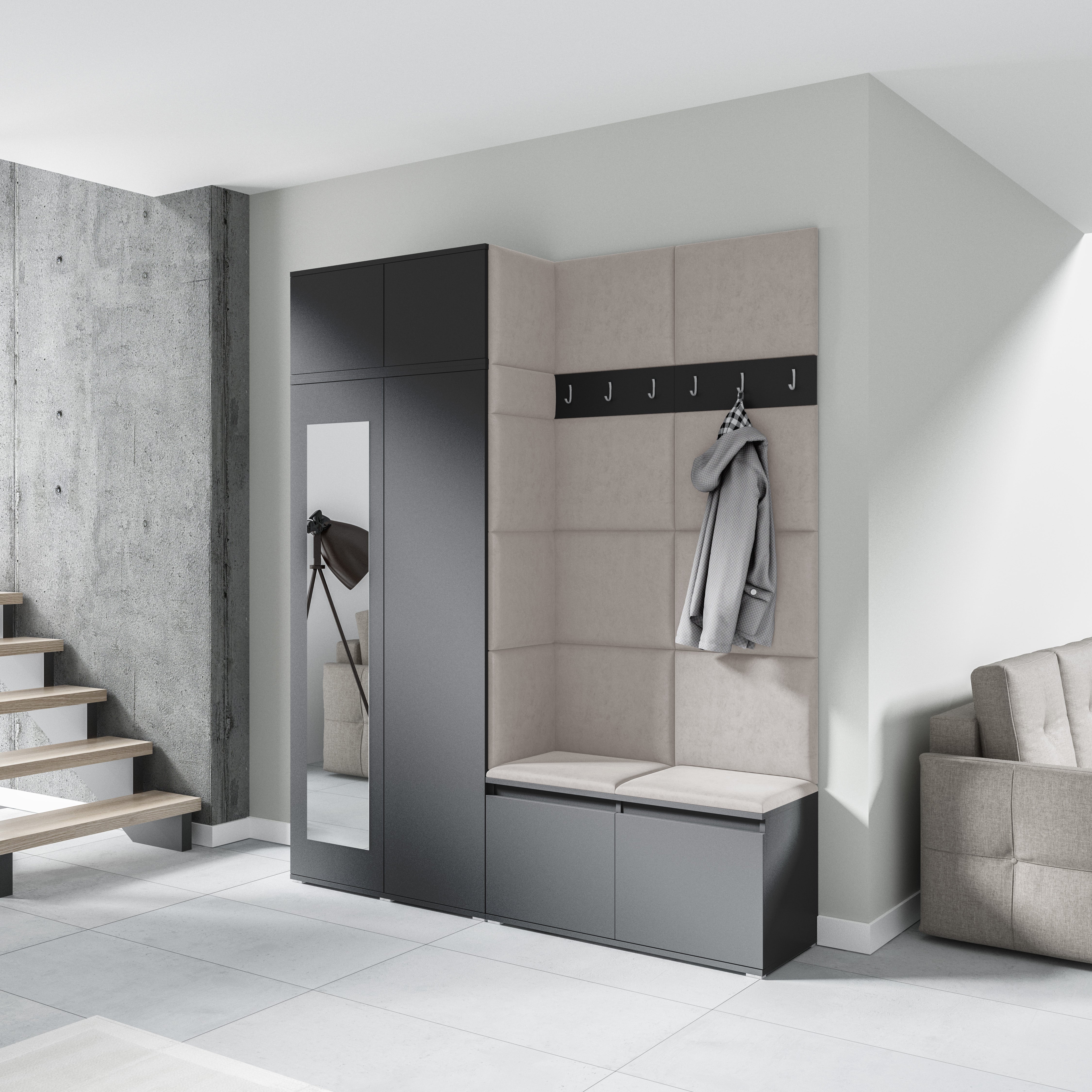 PK Emi 19 Hallway Wardrobe Graphite - Upholstered Panels in Various Colours