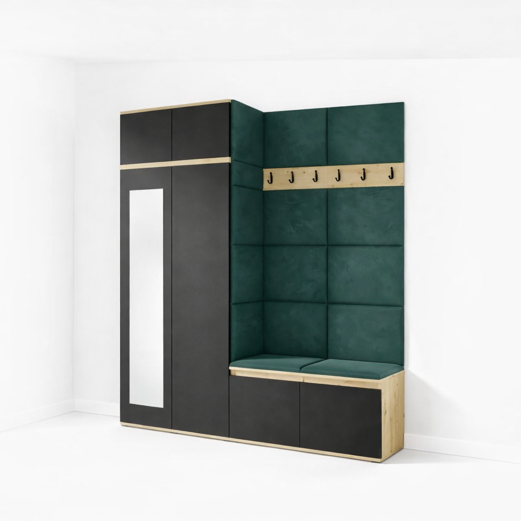 PK Emi 19 Hallway Wardrobe Artisan Oak / Black  - Upholstered Panels in Various Colours