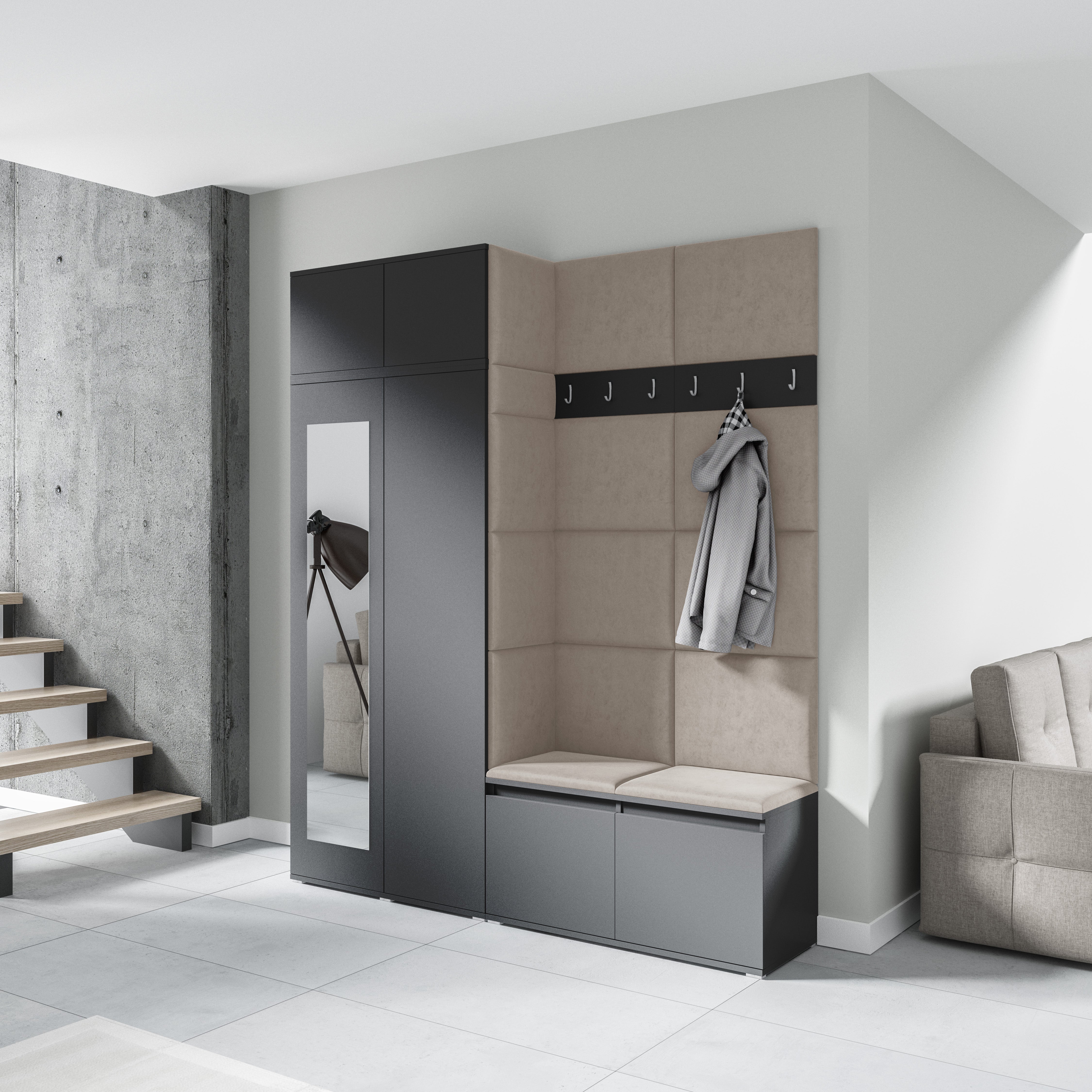 PK Emi 19 Hallway Wardrobe Graphite - Upholstered Panels in Various Colours