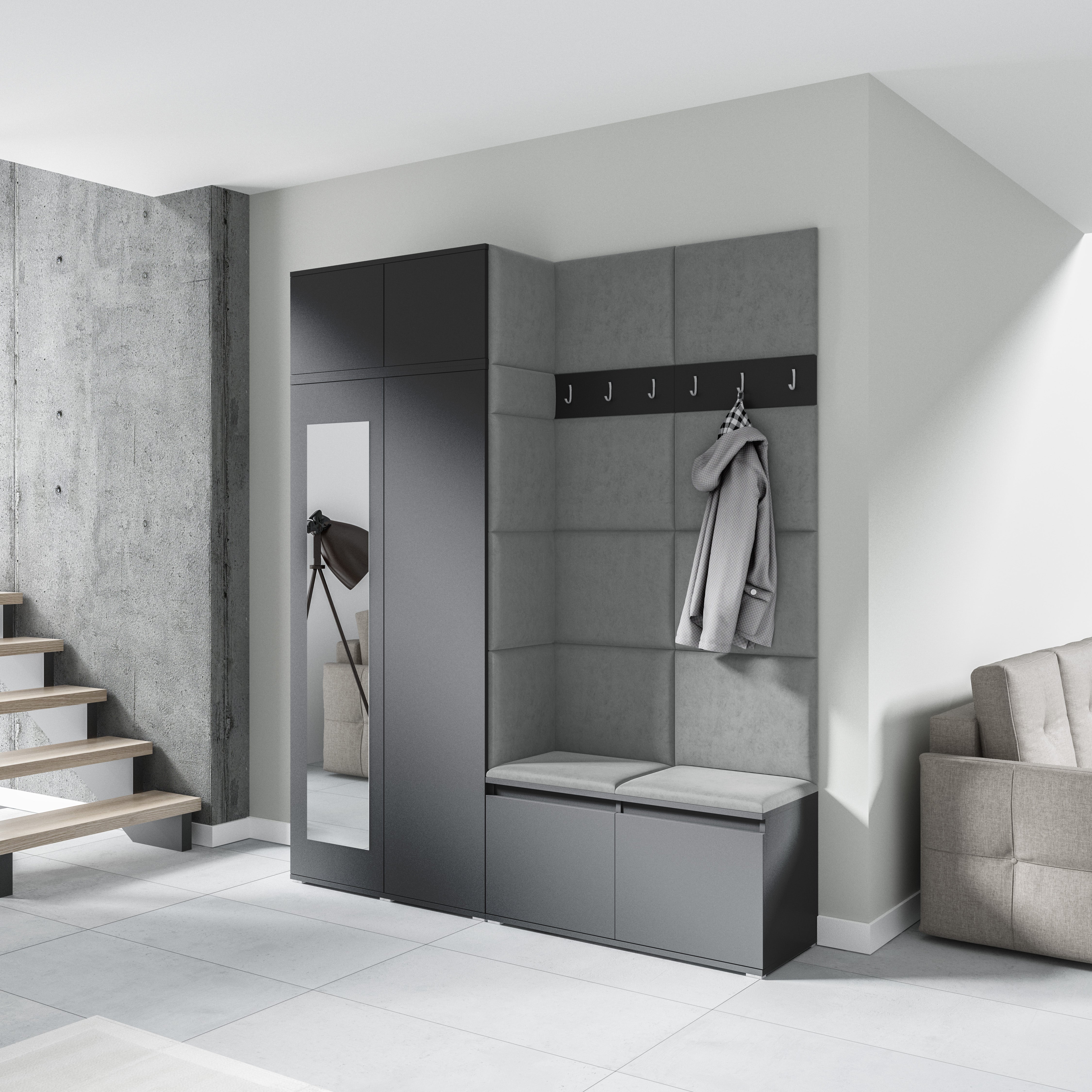 PK Emi 19 Hallway Wardrobe Graphite - Upholstered Panels in Various Colours