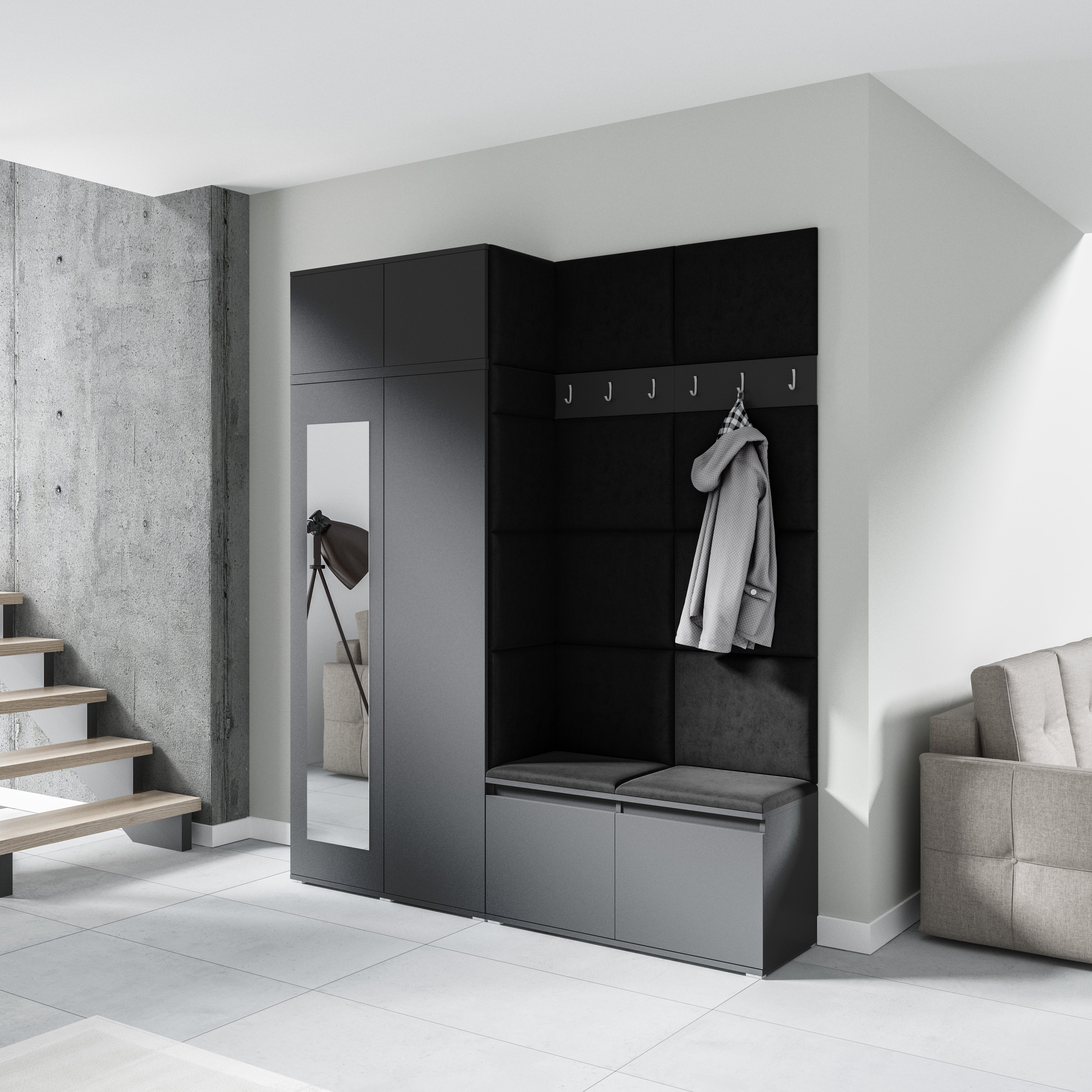 PK Emi 19 Hallway Wardrobe Graphite - Upholstered Panels in Various Colours