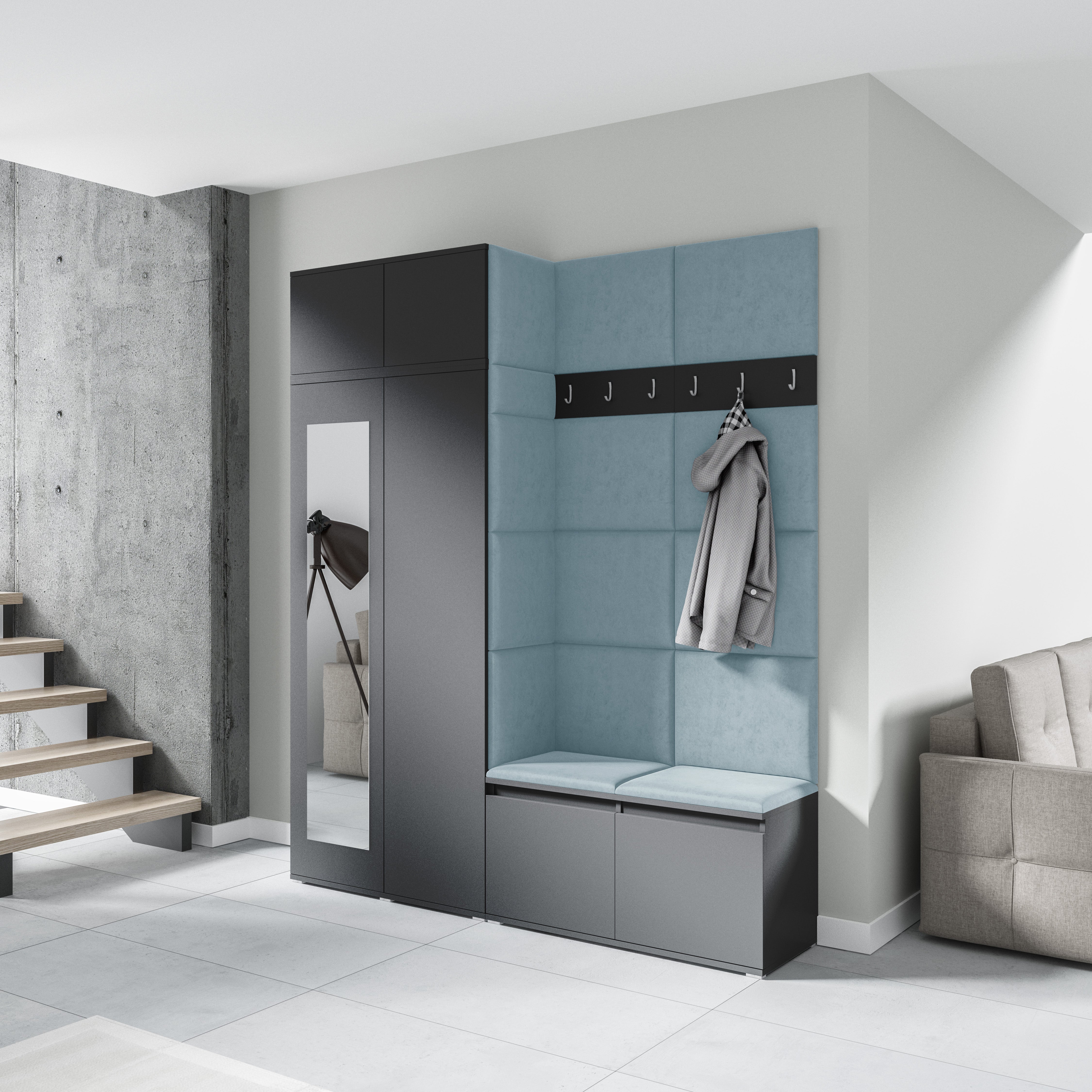 PK Emi 19 Hallway Wardrobe Graphite - Upholstered Panels in Various Colours