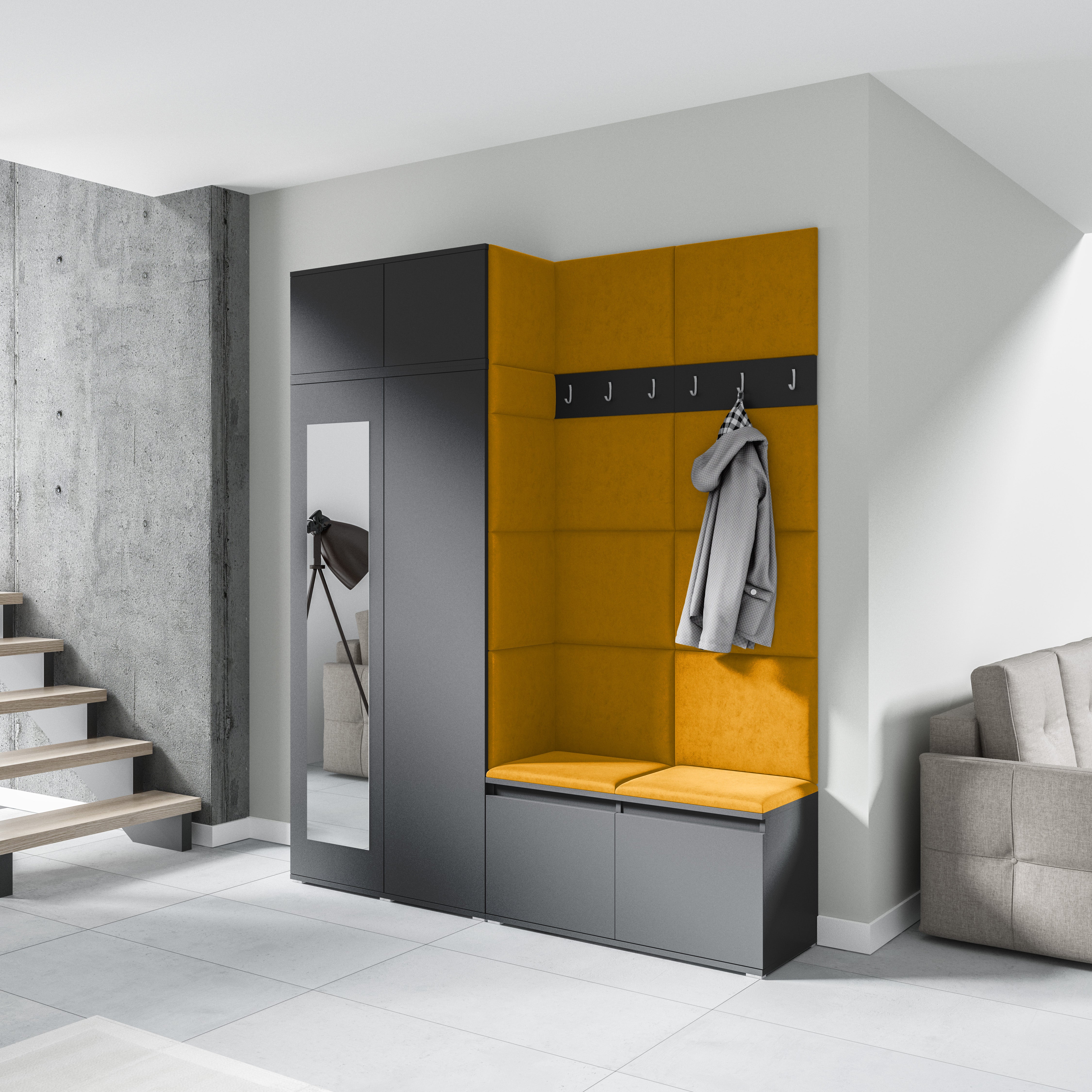 PK Emi 19 Hallway Wardrobe Graphite - Upholstered Panels in Various Colours