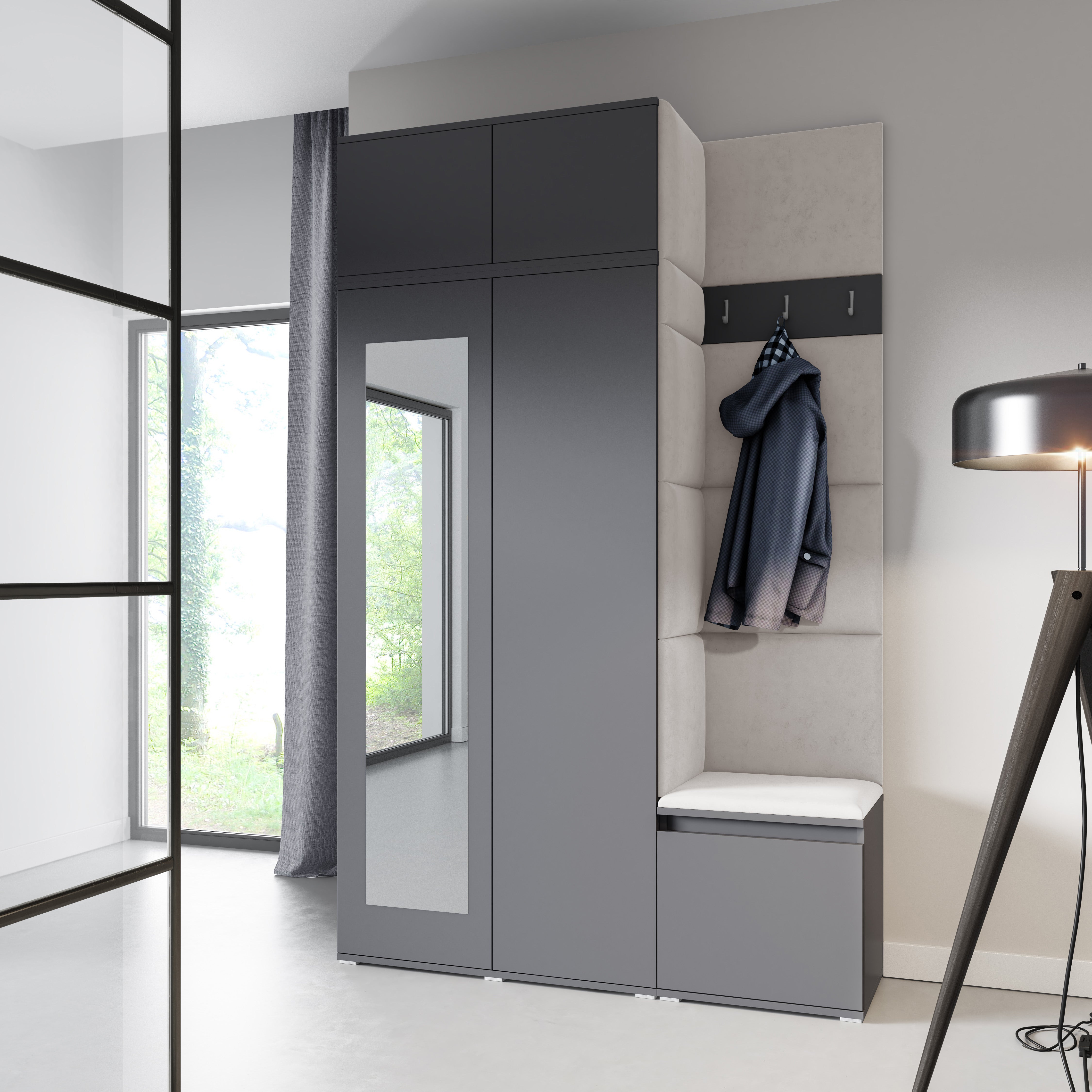 PK Emi 20 Hallway Wardrobe Graphite - Upholstered Panels in Various Colours