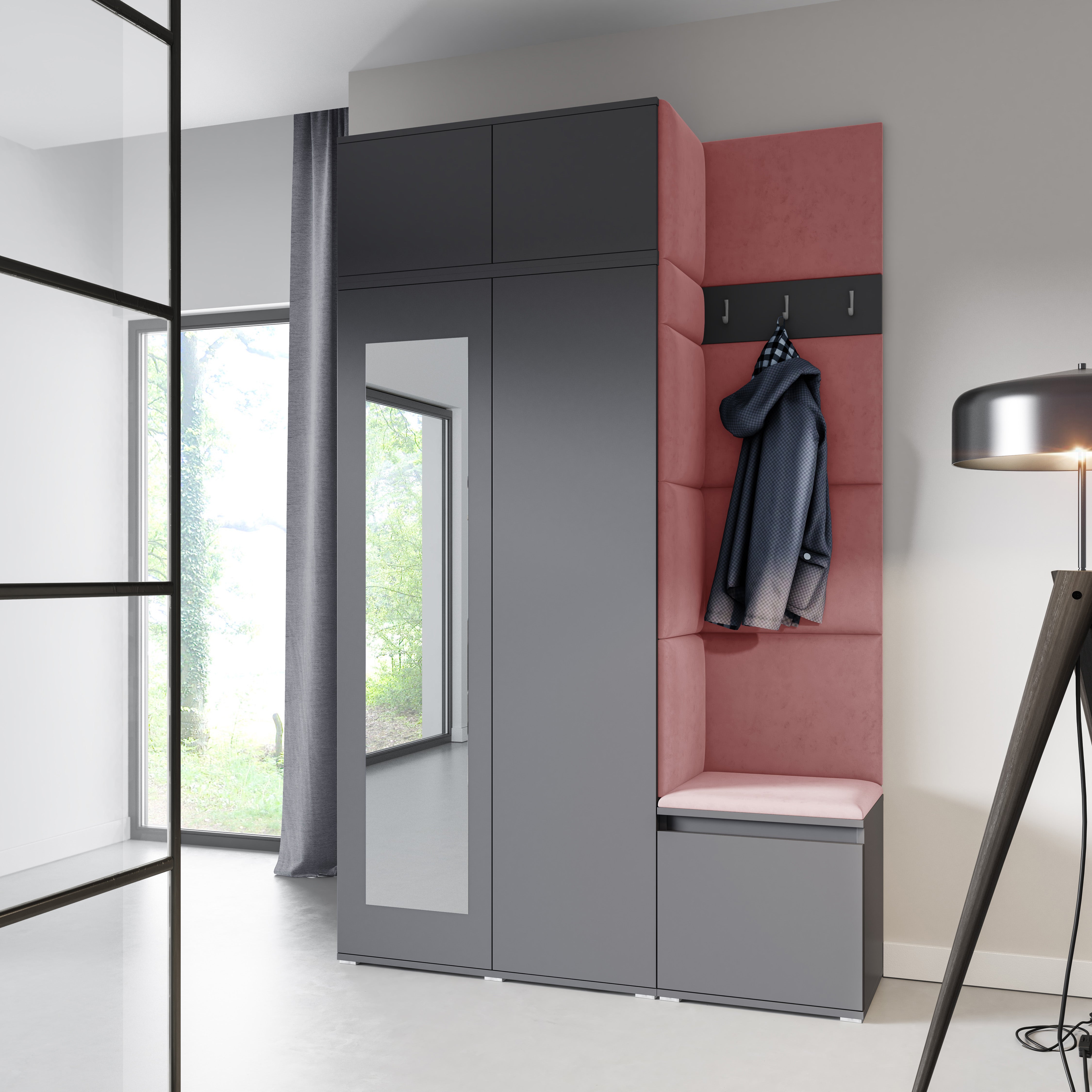 PK Emi 20 Hallway Wardrobe Graphite - Upholstered Panels in Various Colours