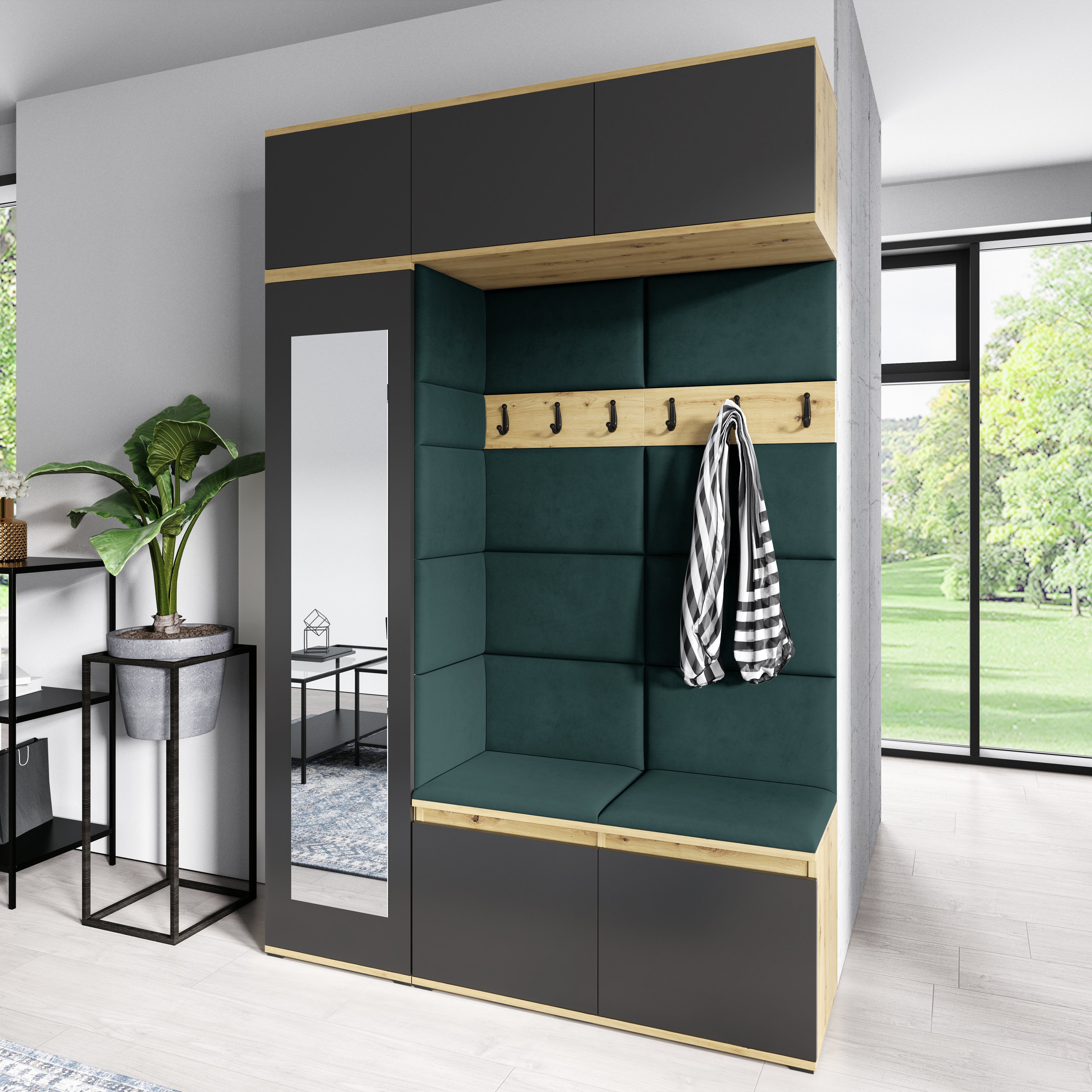 PK Emi 21 Hallway Wardrobe Artisan Oak / Black - Upholstered Panels in Various Colours