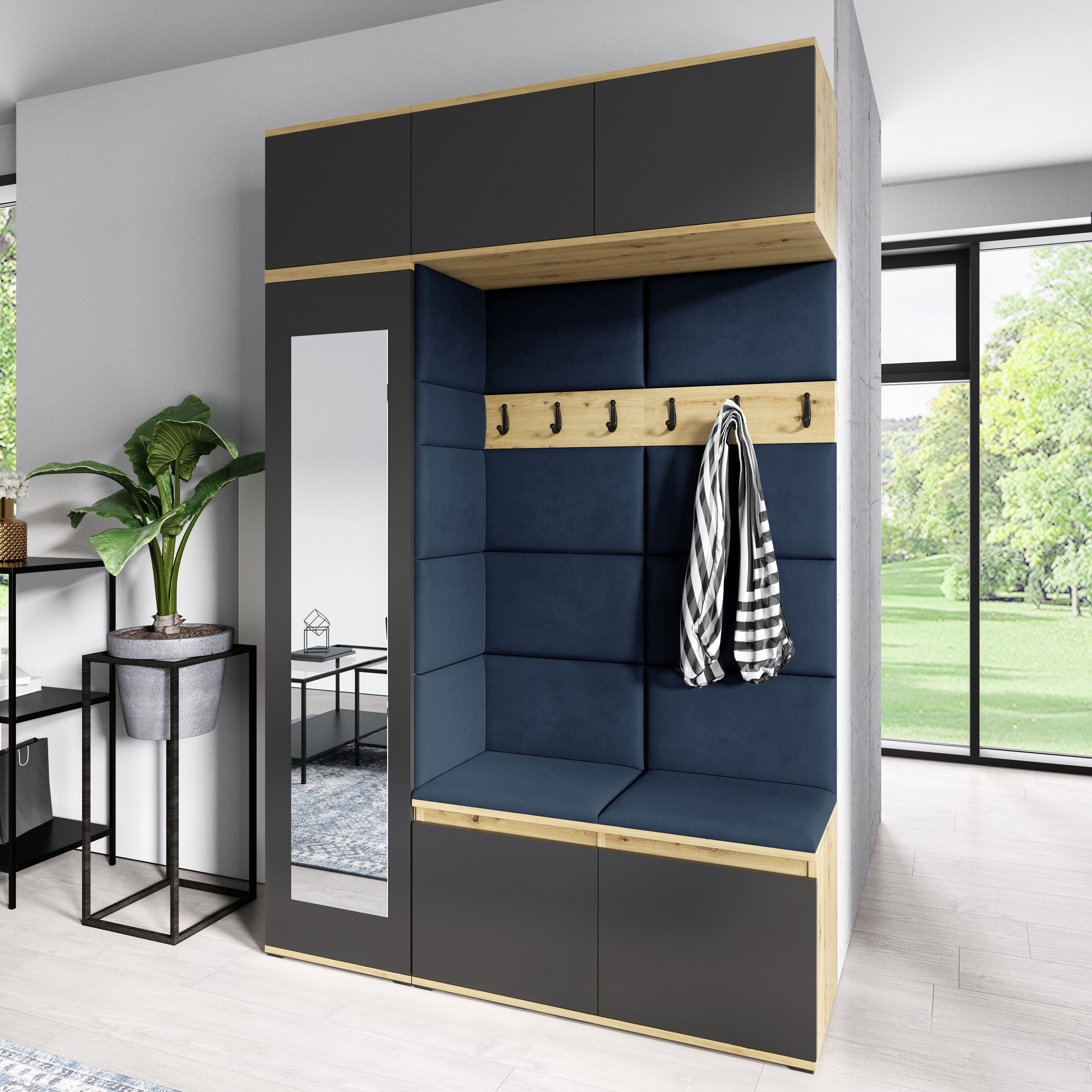 PK Emi 21 Hallway Wardrobe Artisan Oak / Black - Upholstered Panels in Various Colours