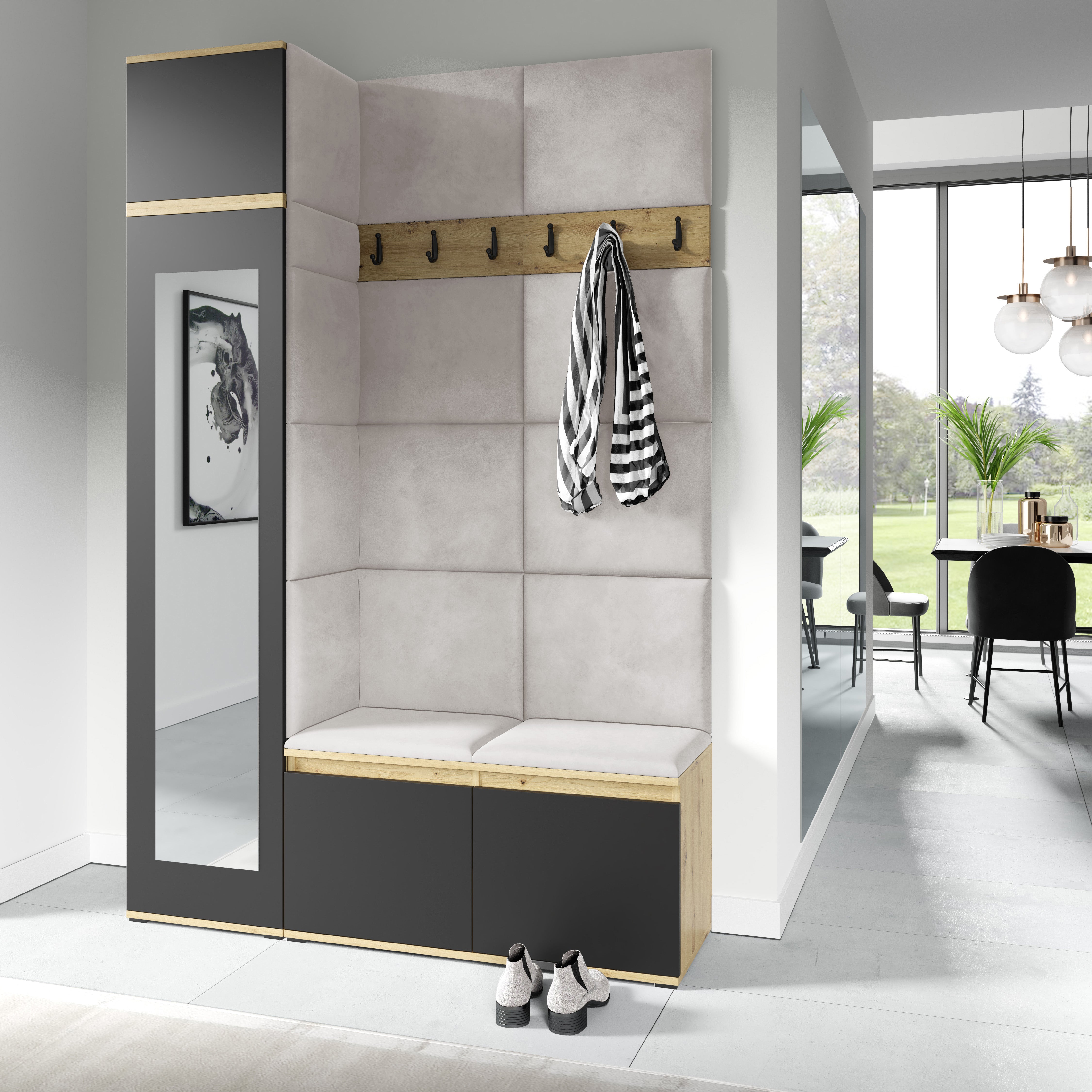 PK Emi 22 Hallway Wardrobe Artisan Oak / Black - Upholstered Panels in Various Colours