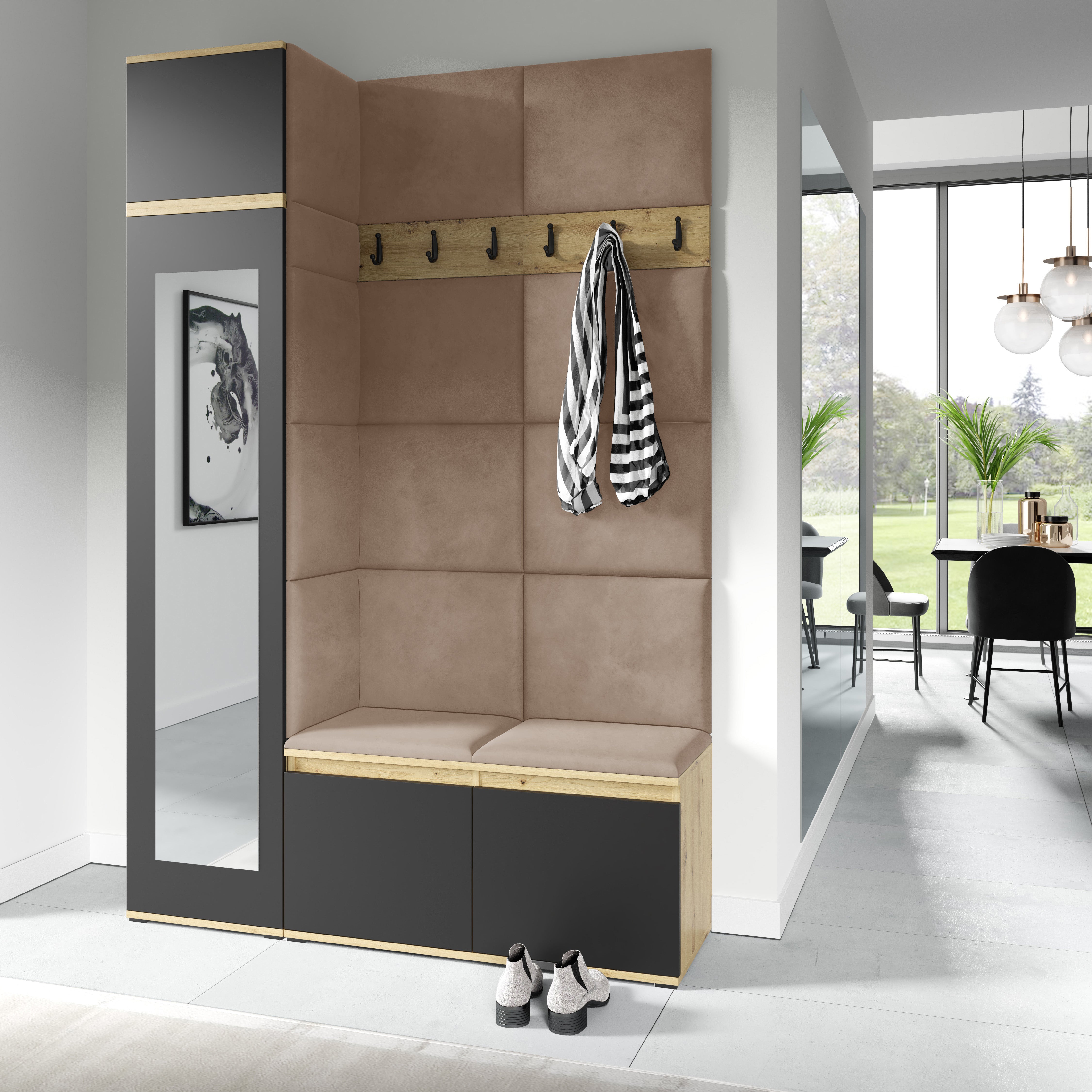 PK Emi 22 Hallway Wardrobe Artisan Oak / Black - Upholstered Panels in Various Colours