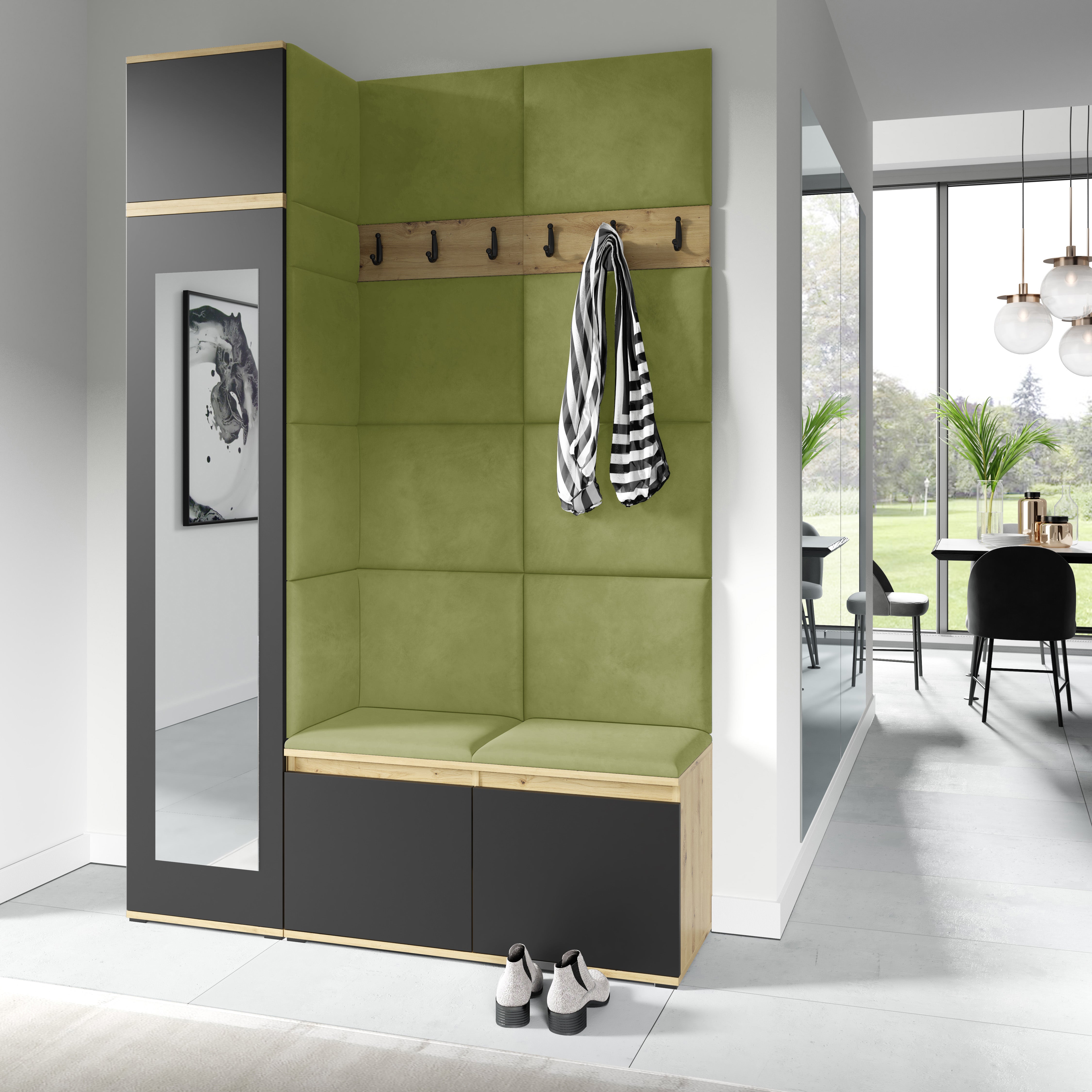 PK Emi 22 Hallway Wardrobe Artisan Oak / Black - Upholstered Panels in Various Colours