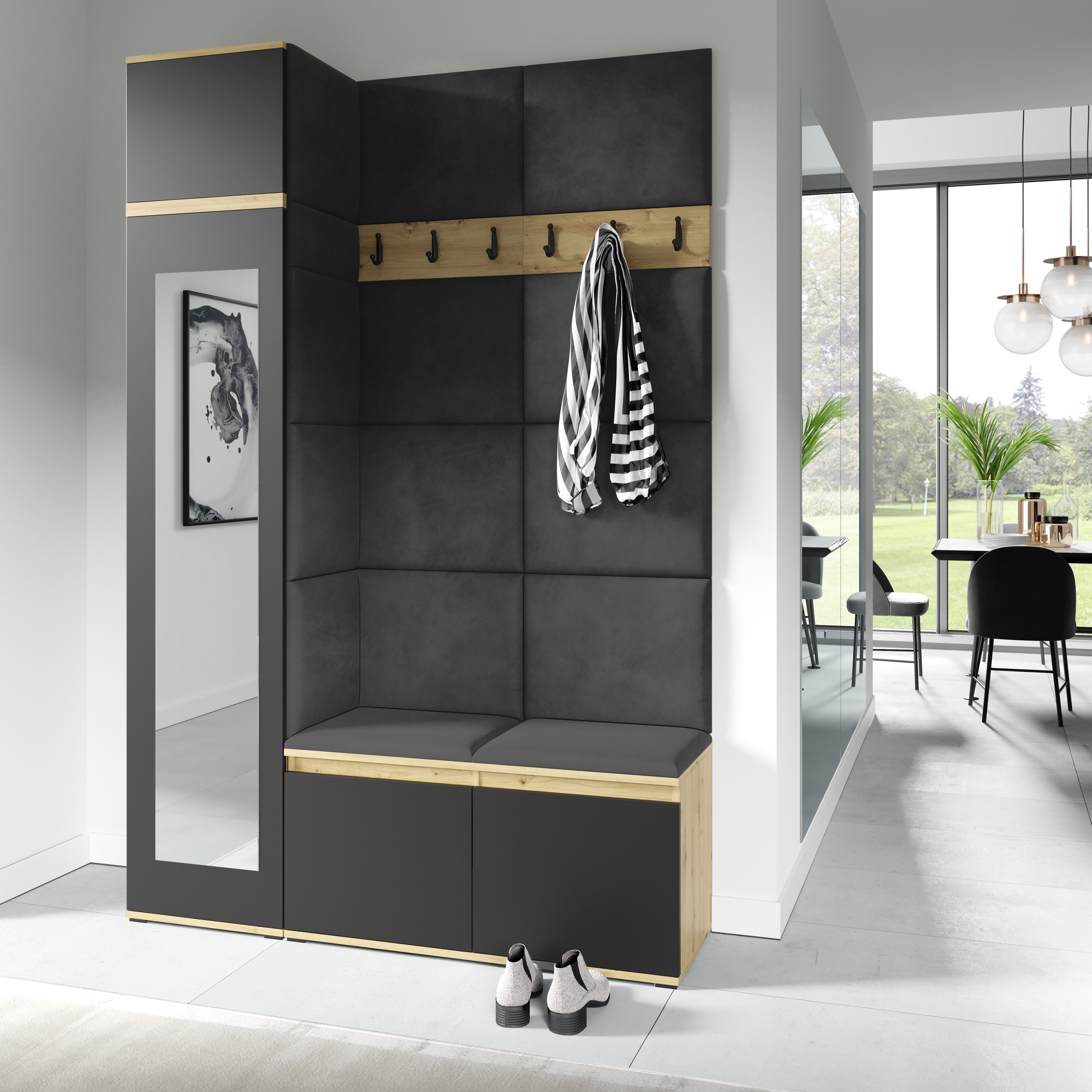 PK Emi 22 Hallway Wardrobe Artisan Oak / Black - Upholstered Panels in Various Colours