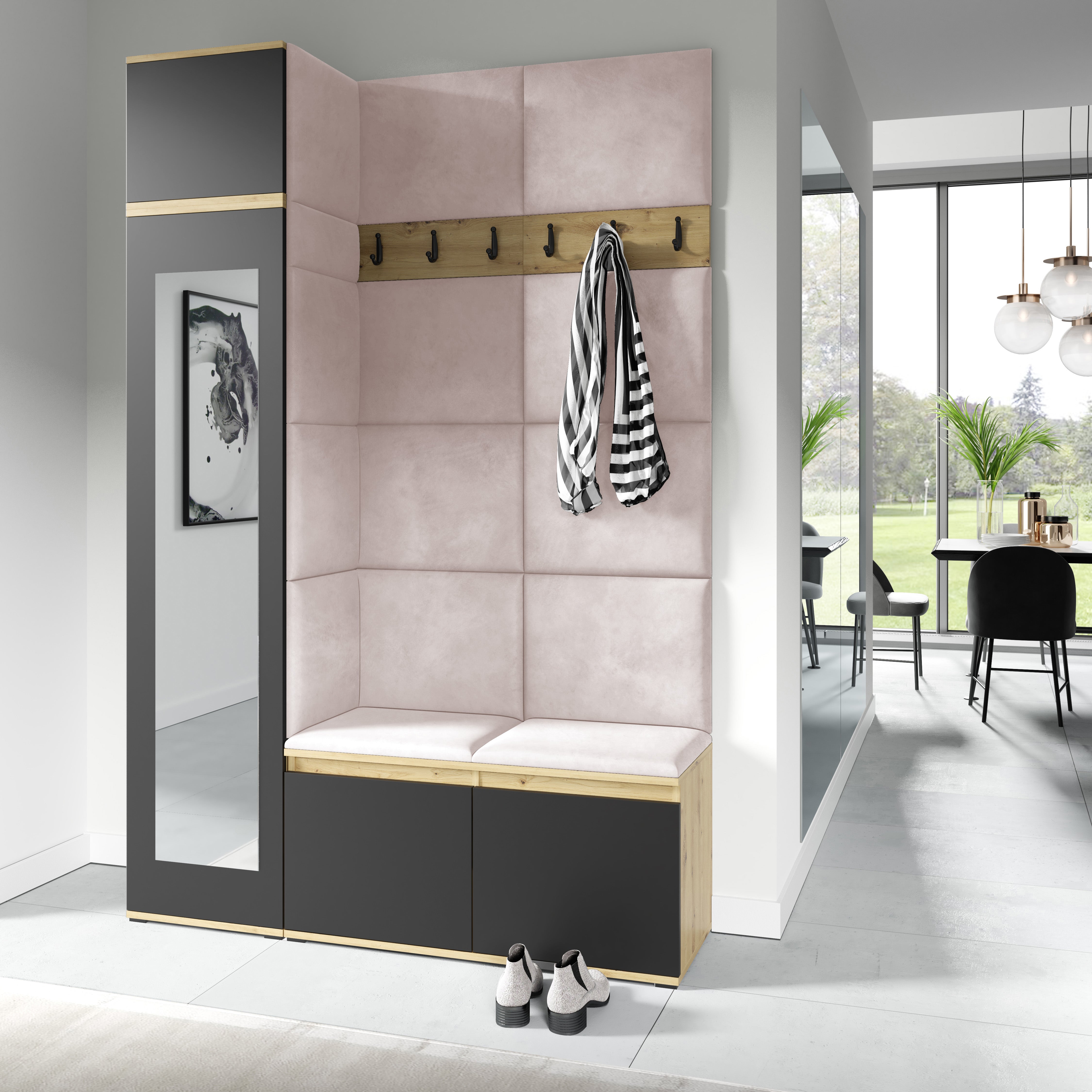 PK Emi 22 Hallway Wardrobe Artisan Oak / Black - Upholstered Panels in Various Colours