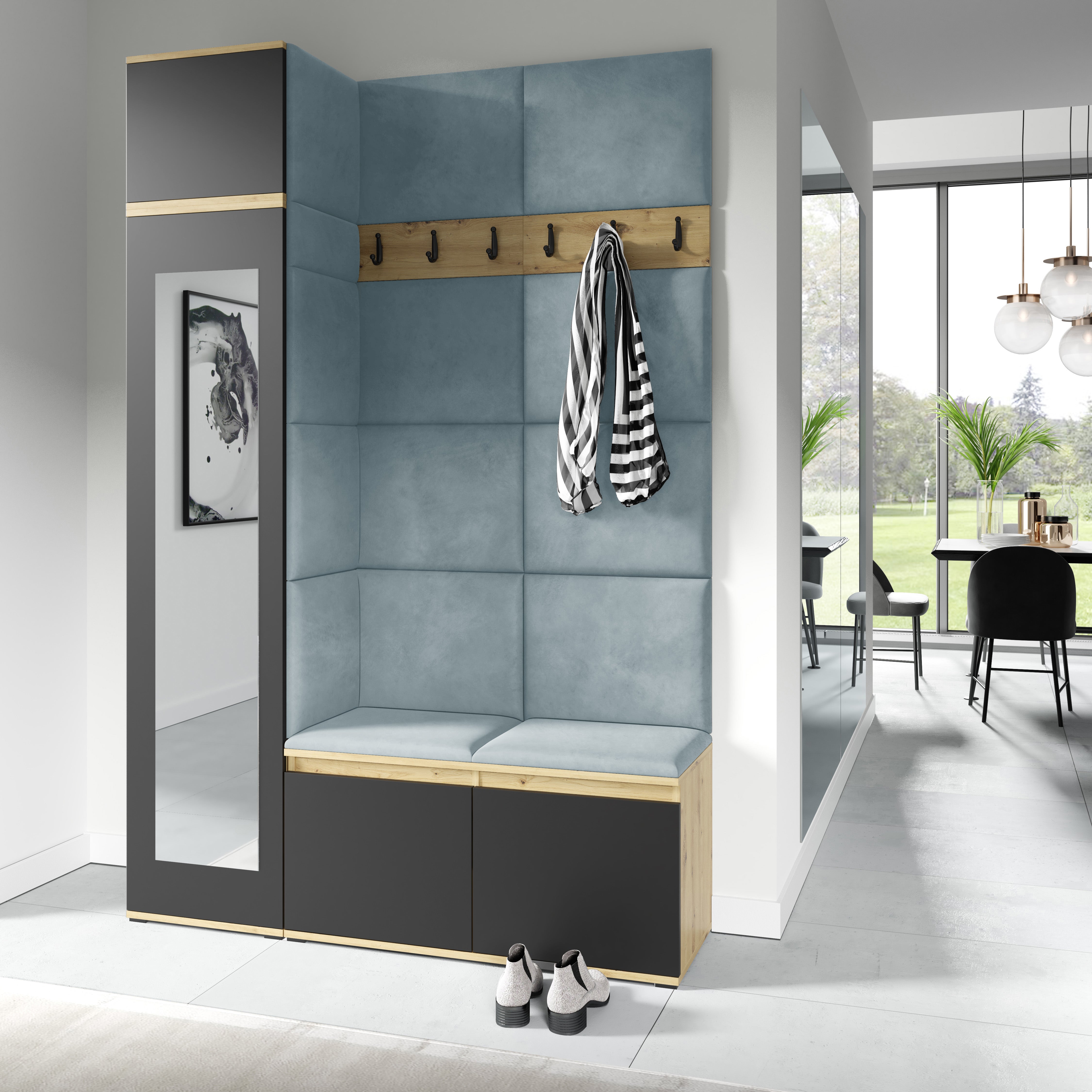 PK Emi 22 Hallway Wardrobe Artisan Oak / Black - Upholstered Panels in Various Colours