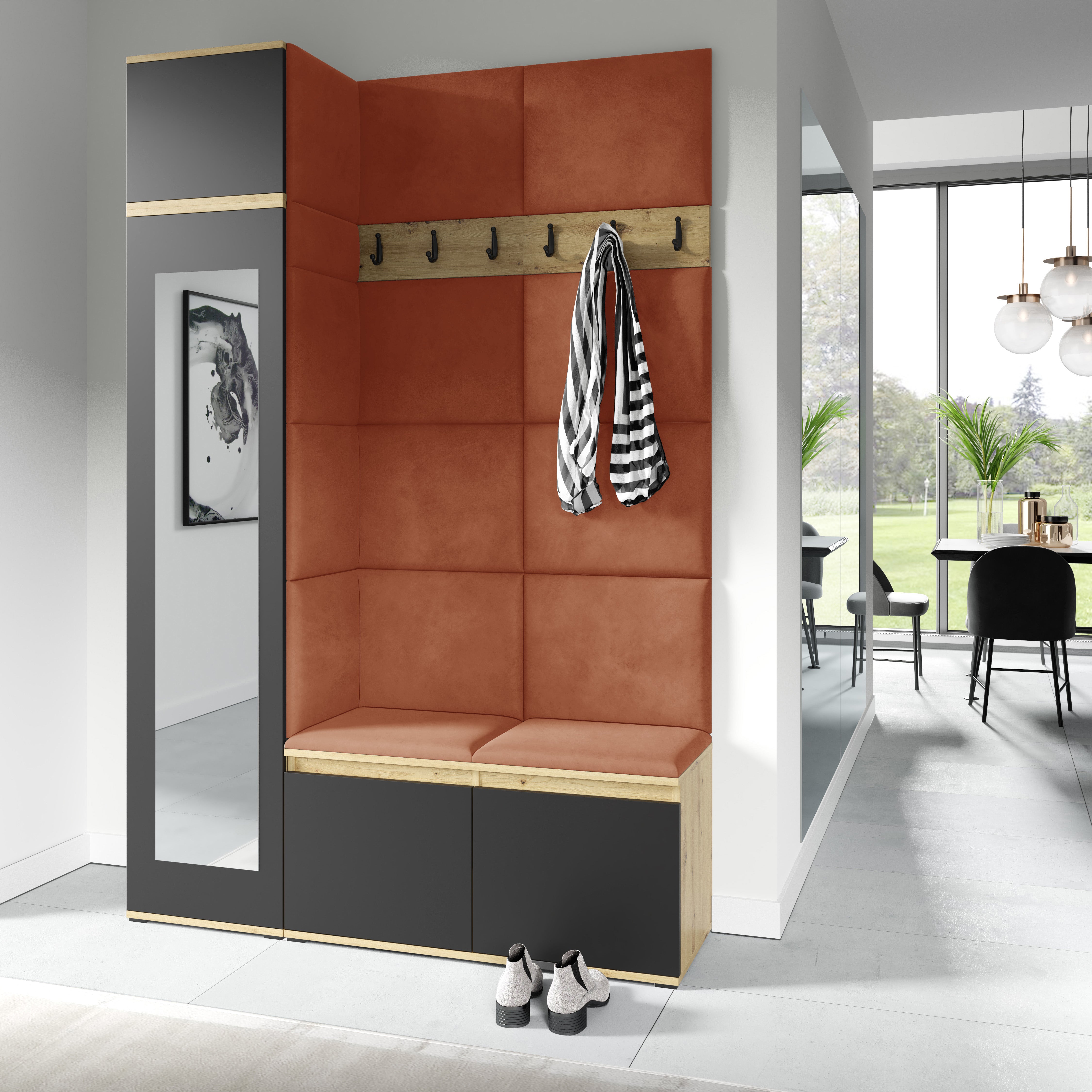 PK Emi 22 Hallway Wardrobe Artisan Oak / Black - Upholstered Panels in Various Colours