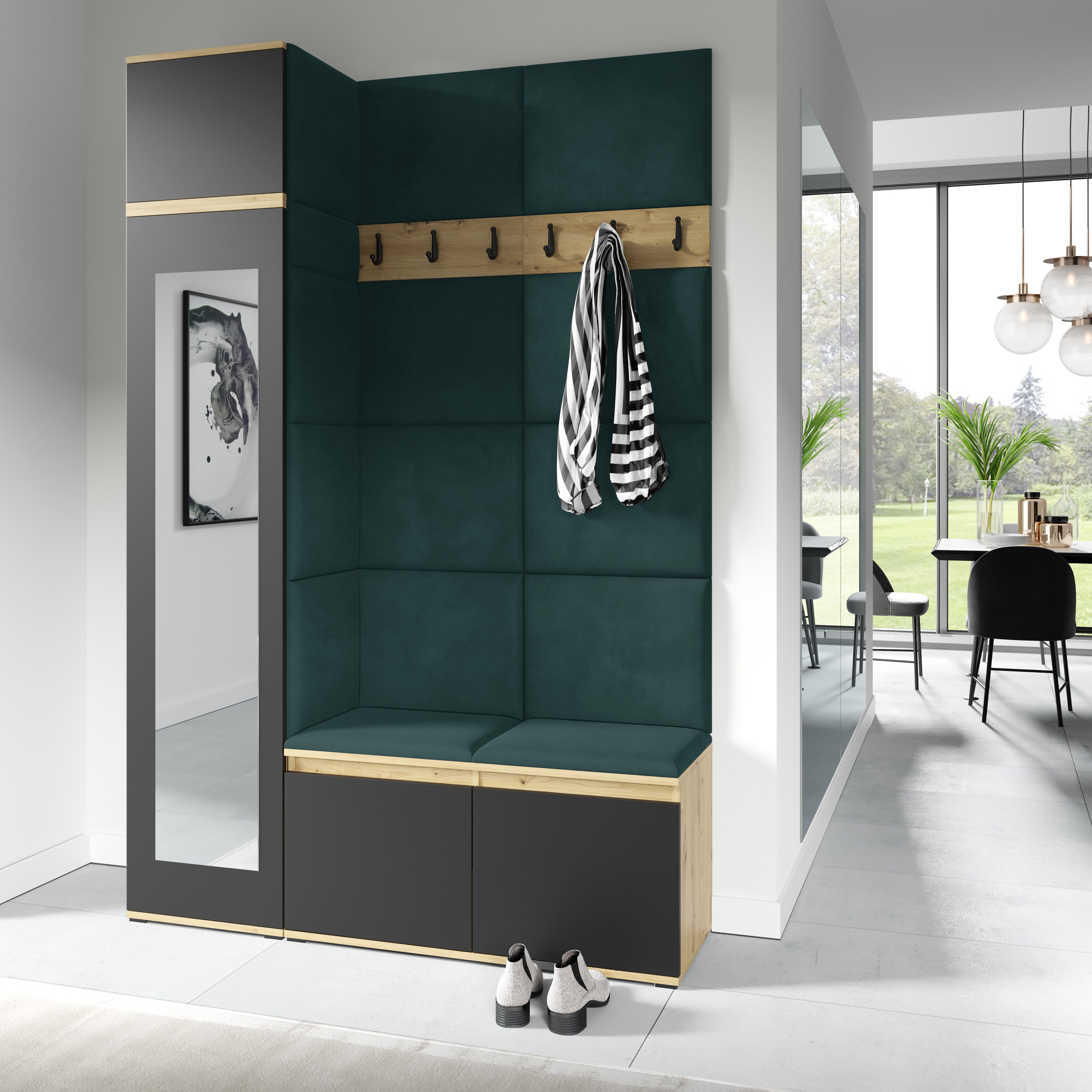 PK Emi 22 Hallway Wardrobe Artisan Oak / Black - Upholstered Panels in Various Colours