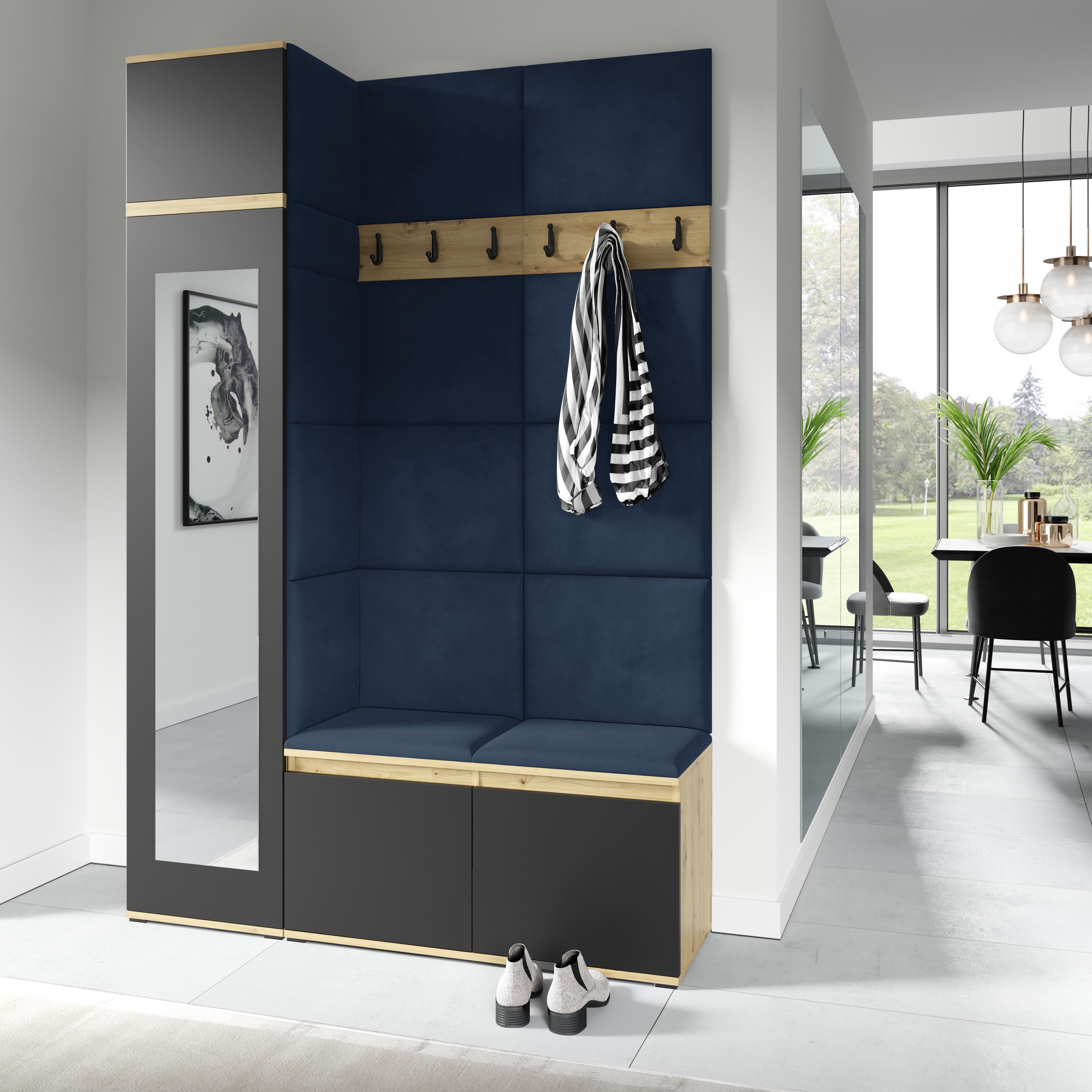 PK Emi 22 Hallway Wardrobe Artisan Oak / Black - Upholstered Panels in Various Colours