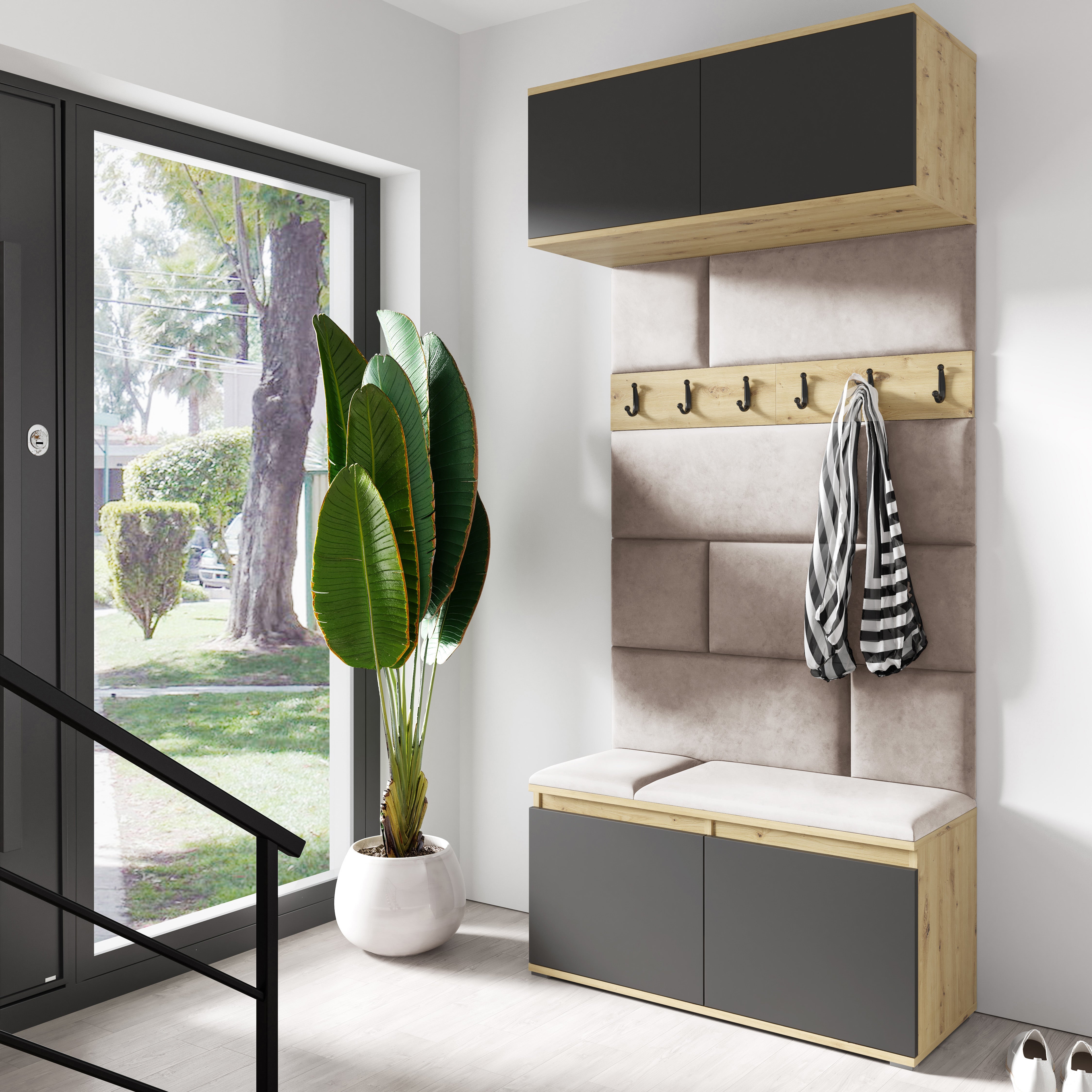 PK Emi 23 Hallway Wardrobe Artisan Oak / Black- Upholstered Panels in Various Colours