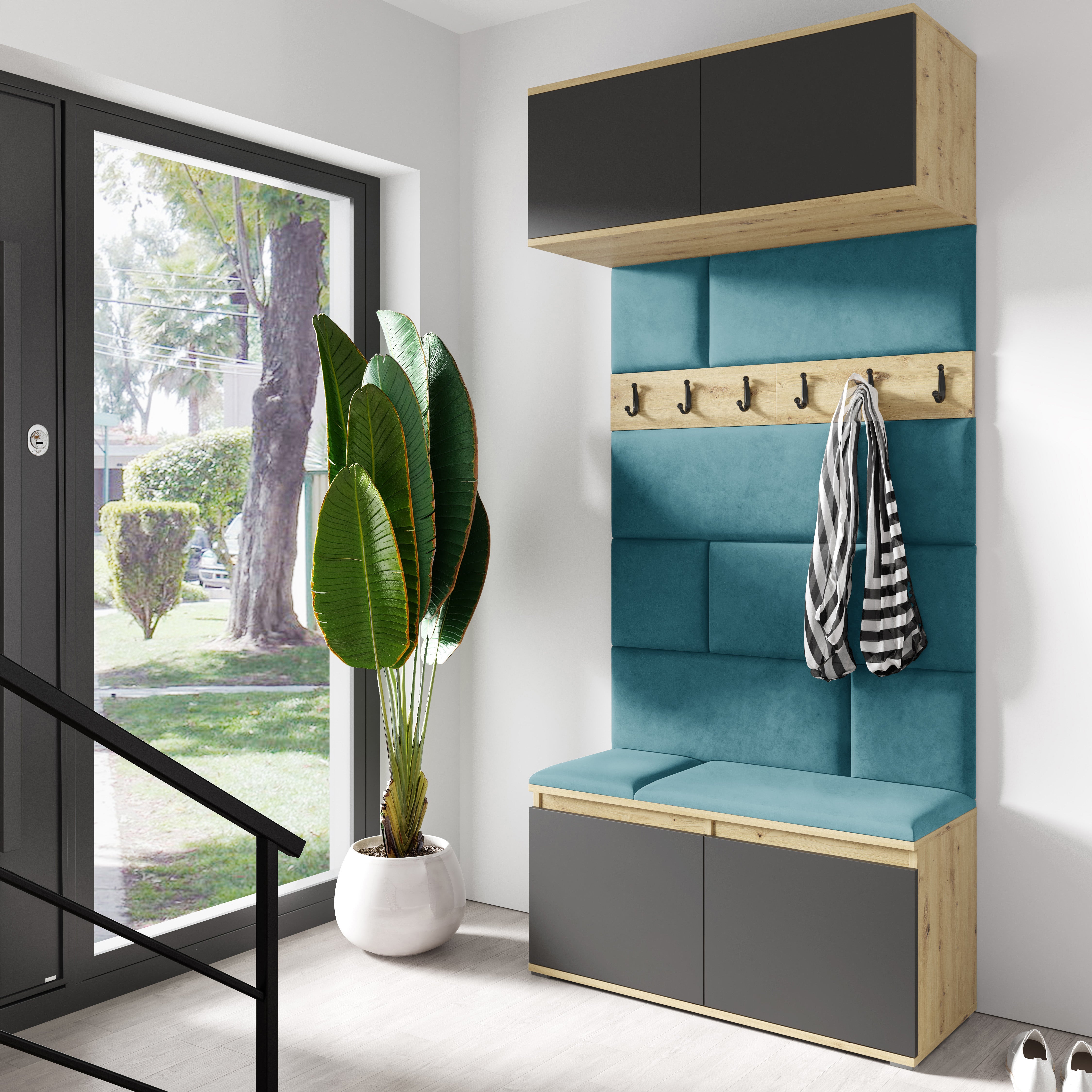 PK Emi 23 Hallway Wardrobe Artisan Oak / Black- Upholstered Panels in Various Colours