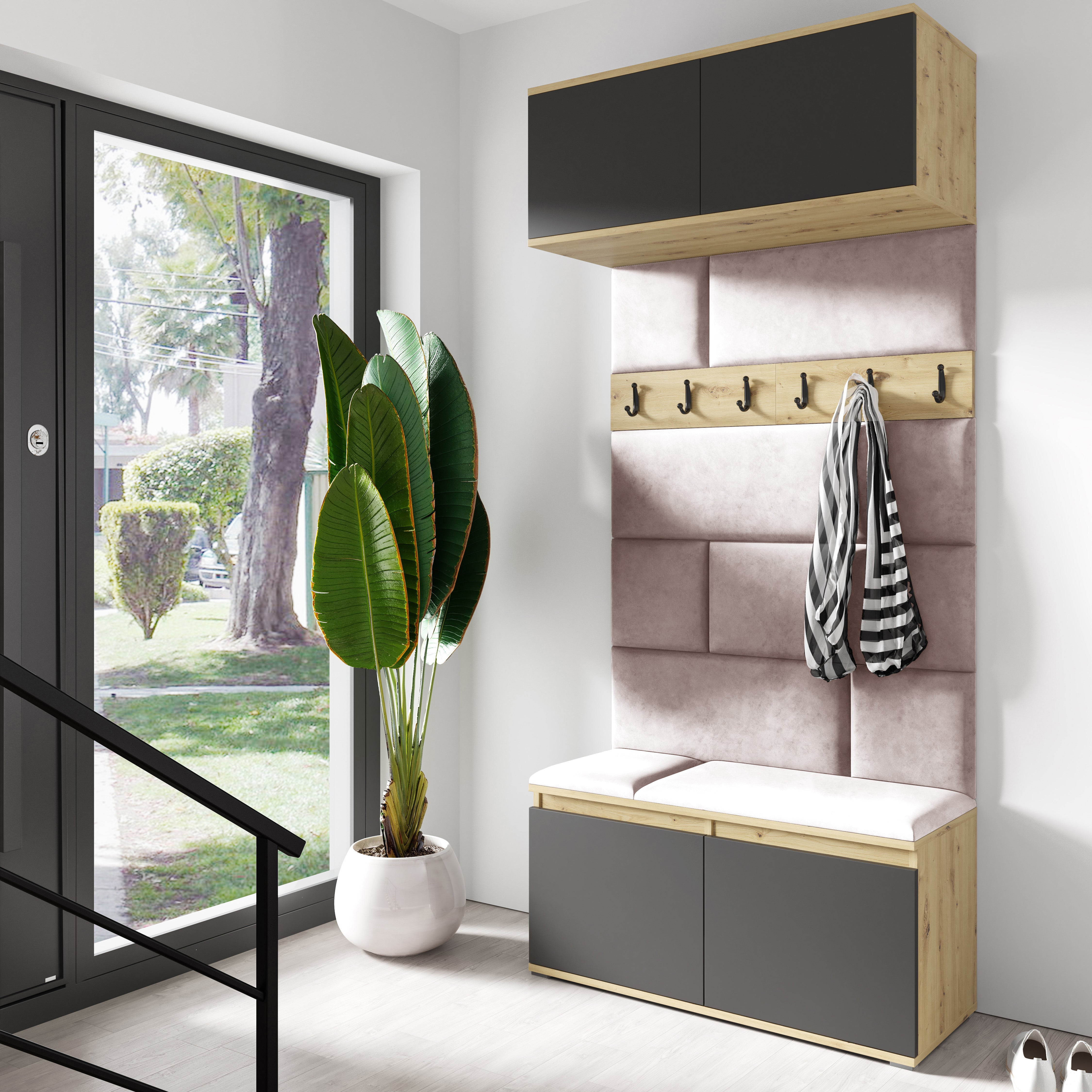 PK Emi 23 Hallway Wardrobe Artisan Oak / Black- Upholstered Panels in Various Colours