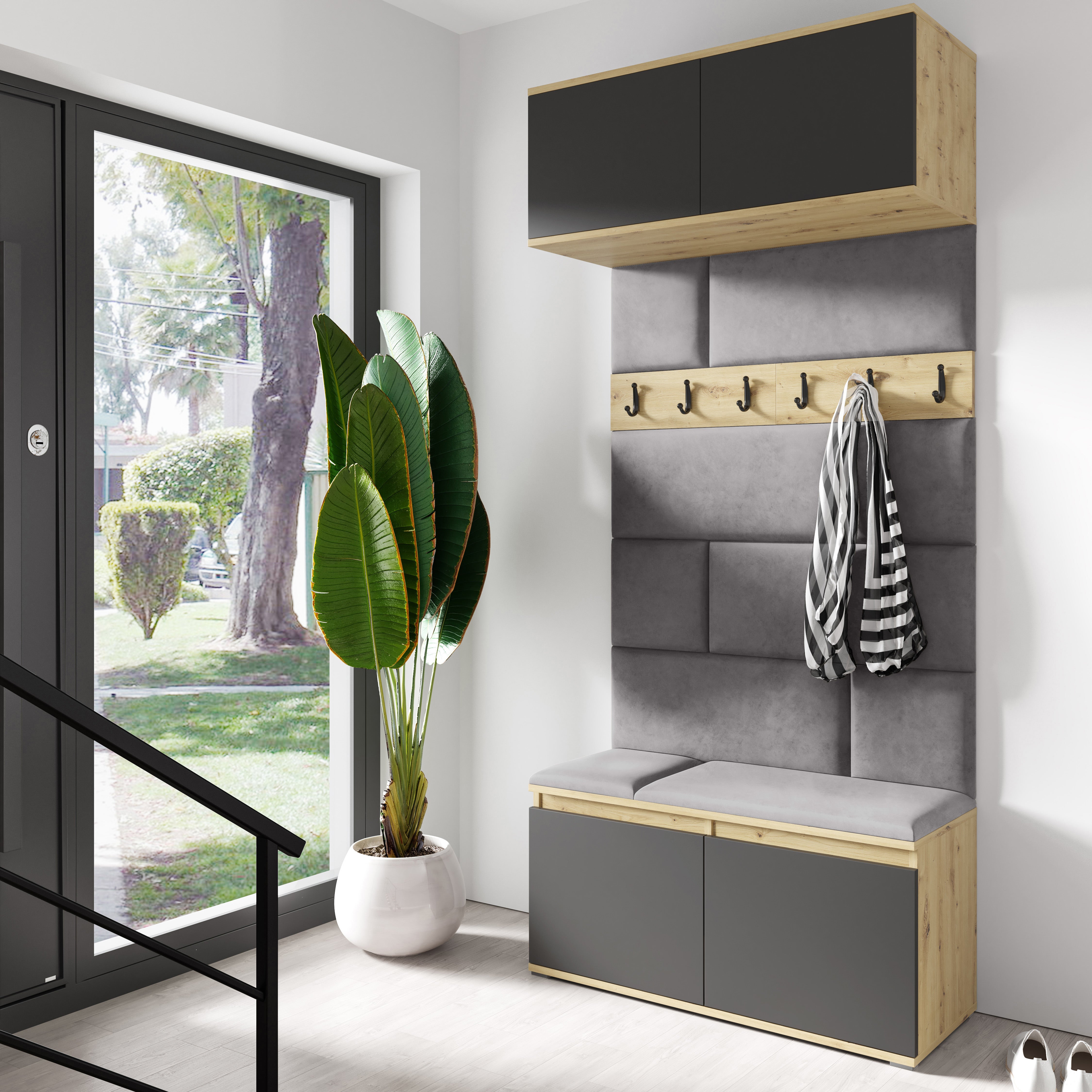 PK Emi 23 Hallway Wardrobe Artisan Oak / Black- Upholstered Panels in Various Colours