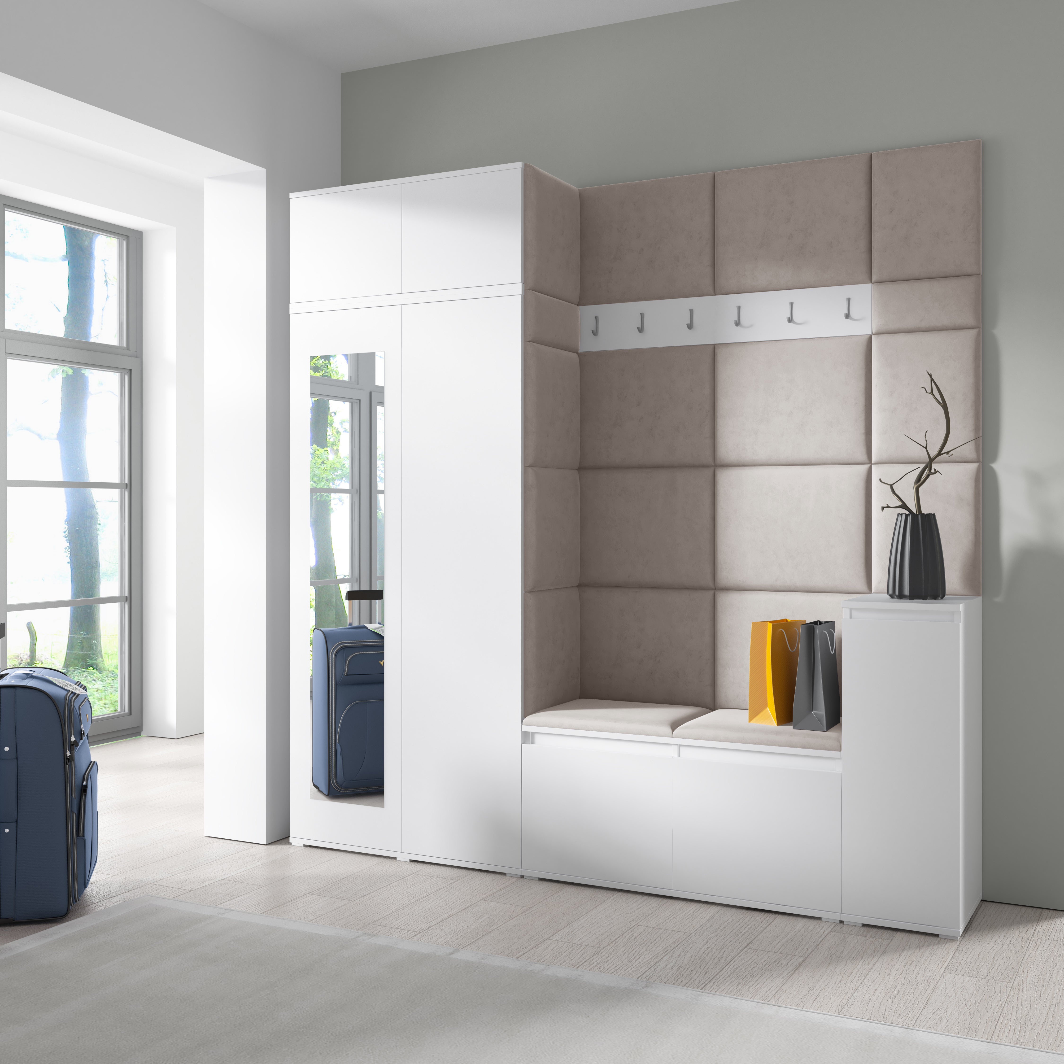 Emi 26 Hallway Set with Wardrobe, Shoe Bench & Upholstered Panels – White