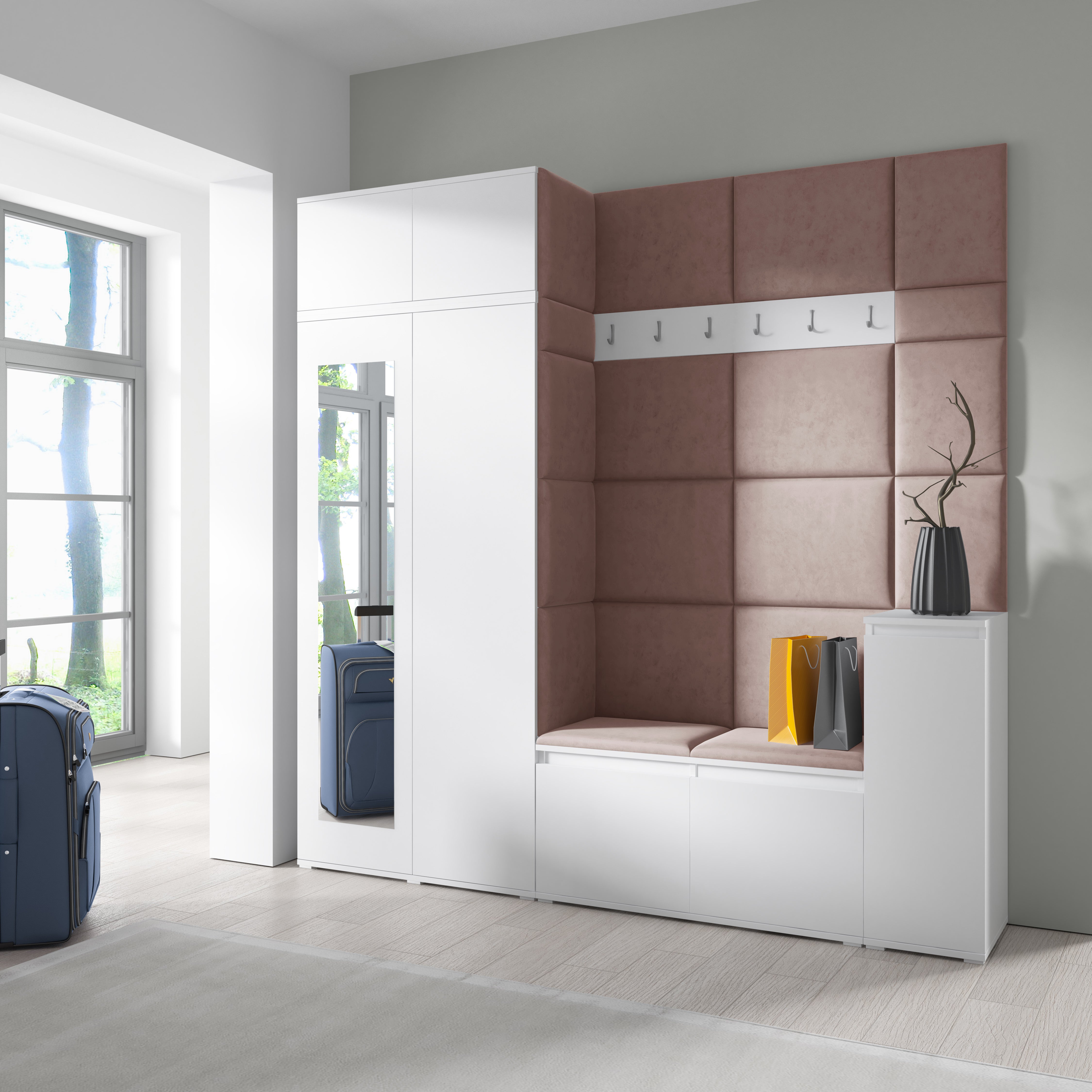 Emi 26 Hallway Set with Wardrobe, Shoe Bench & Upholstered Panels – White