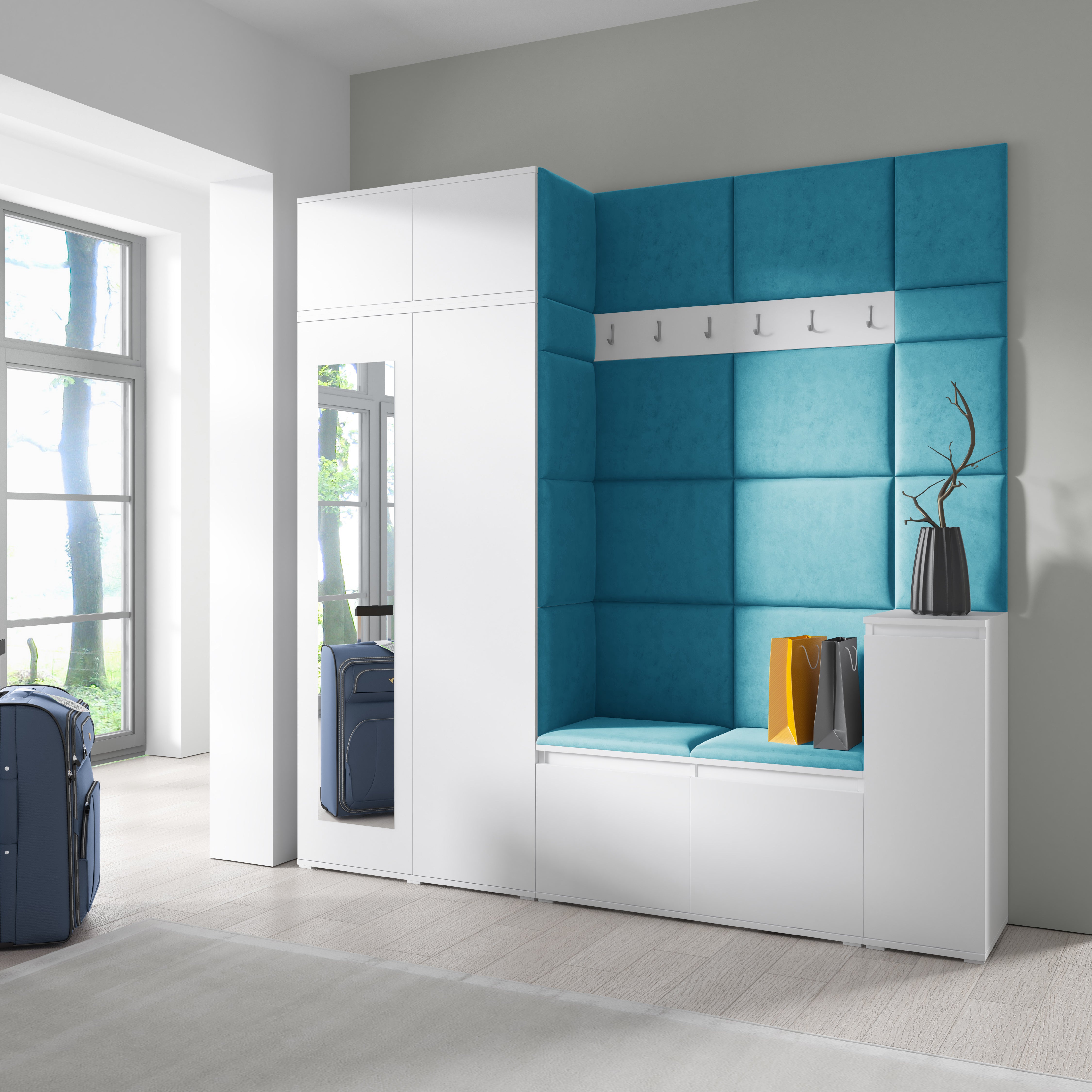 Emi 26 Hallway Set with Wardrobe, Shoe Bench & Upholstered Panels – White