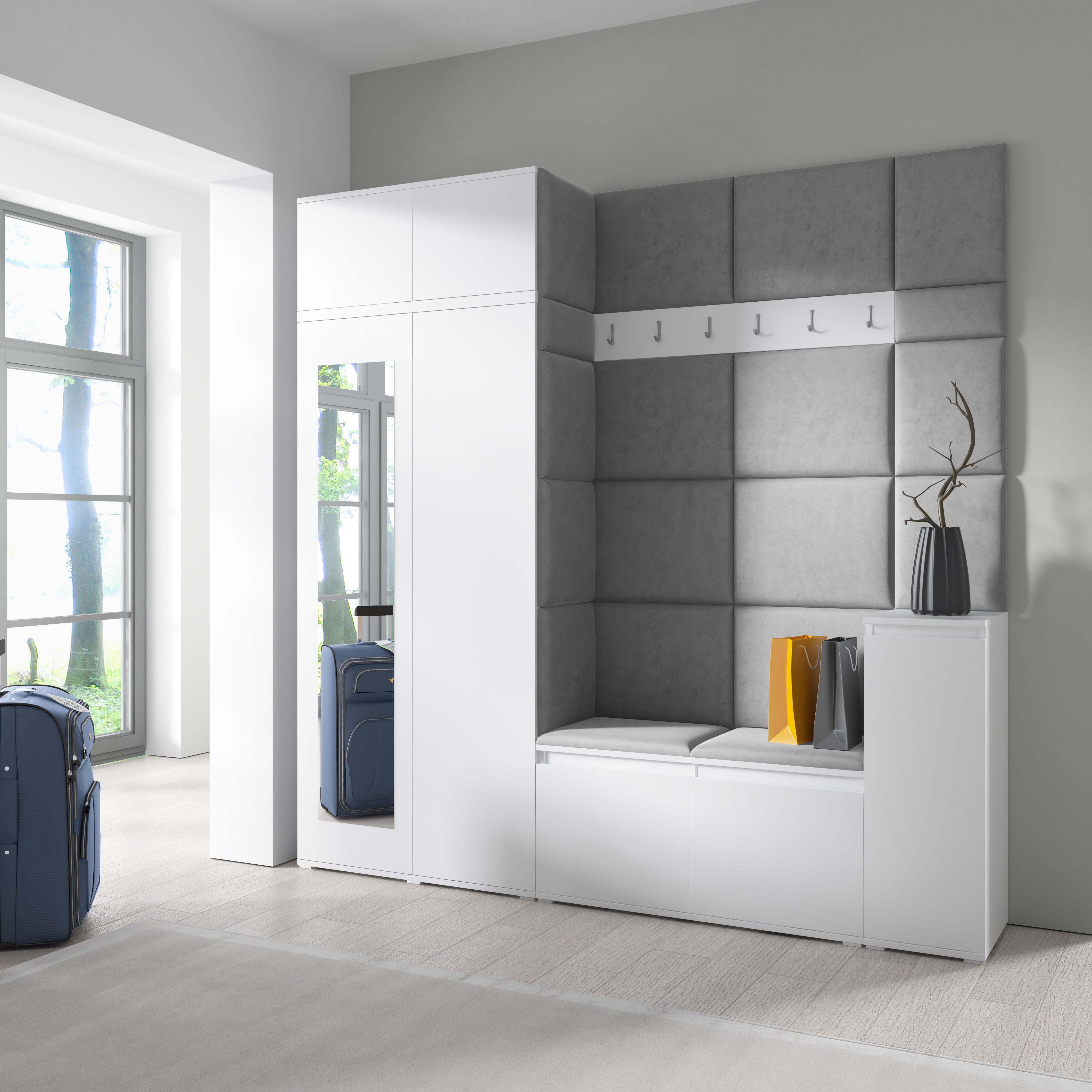 Emi 26 Hallway Set with Wardrobe, Shoe Bench & Upholstered Panels – White