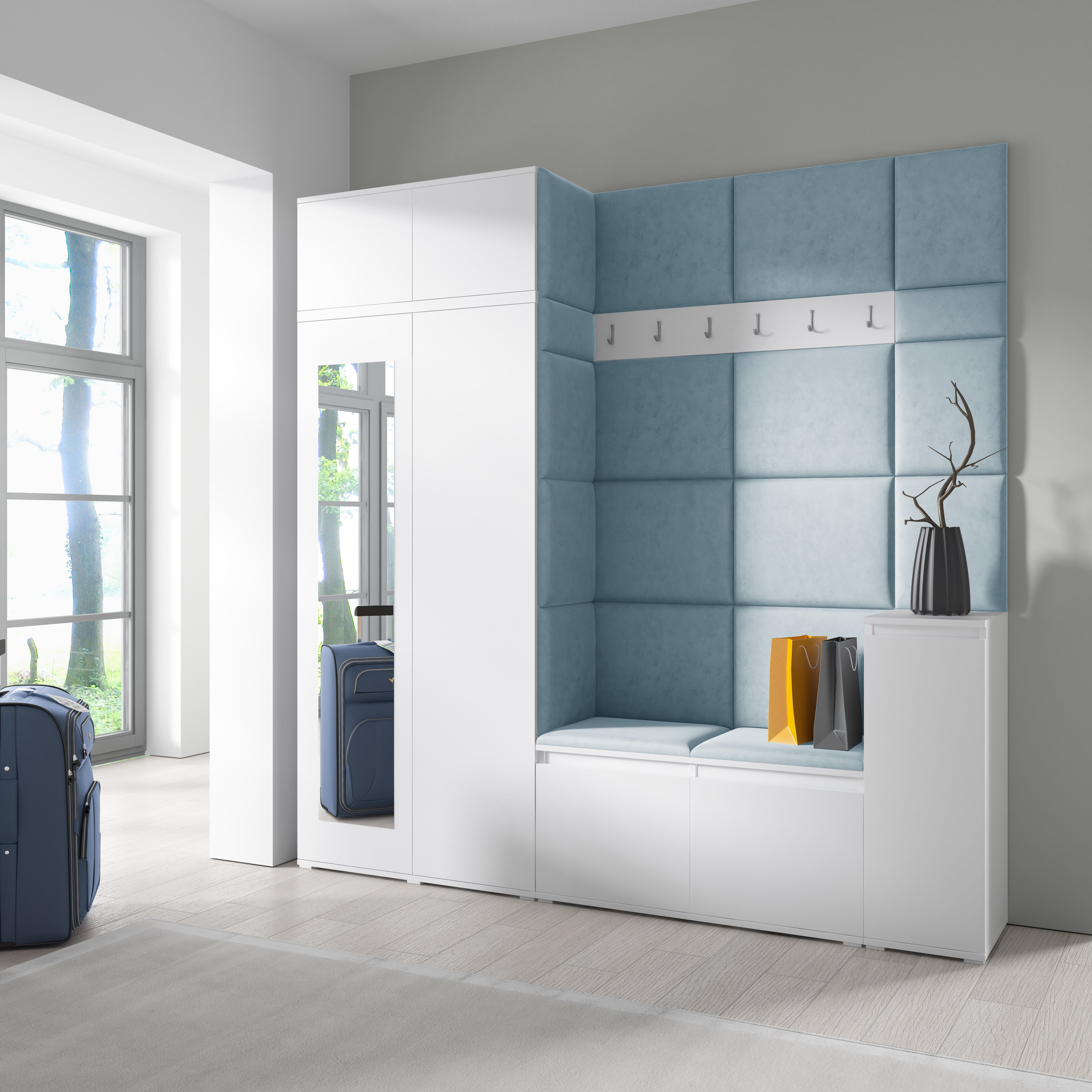 Emi 26 Hallway Set with Wardrobe, Shoe Bench & Upholstered Panels – White